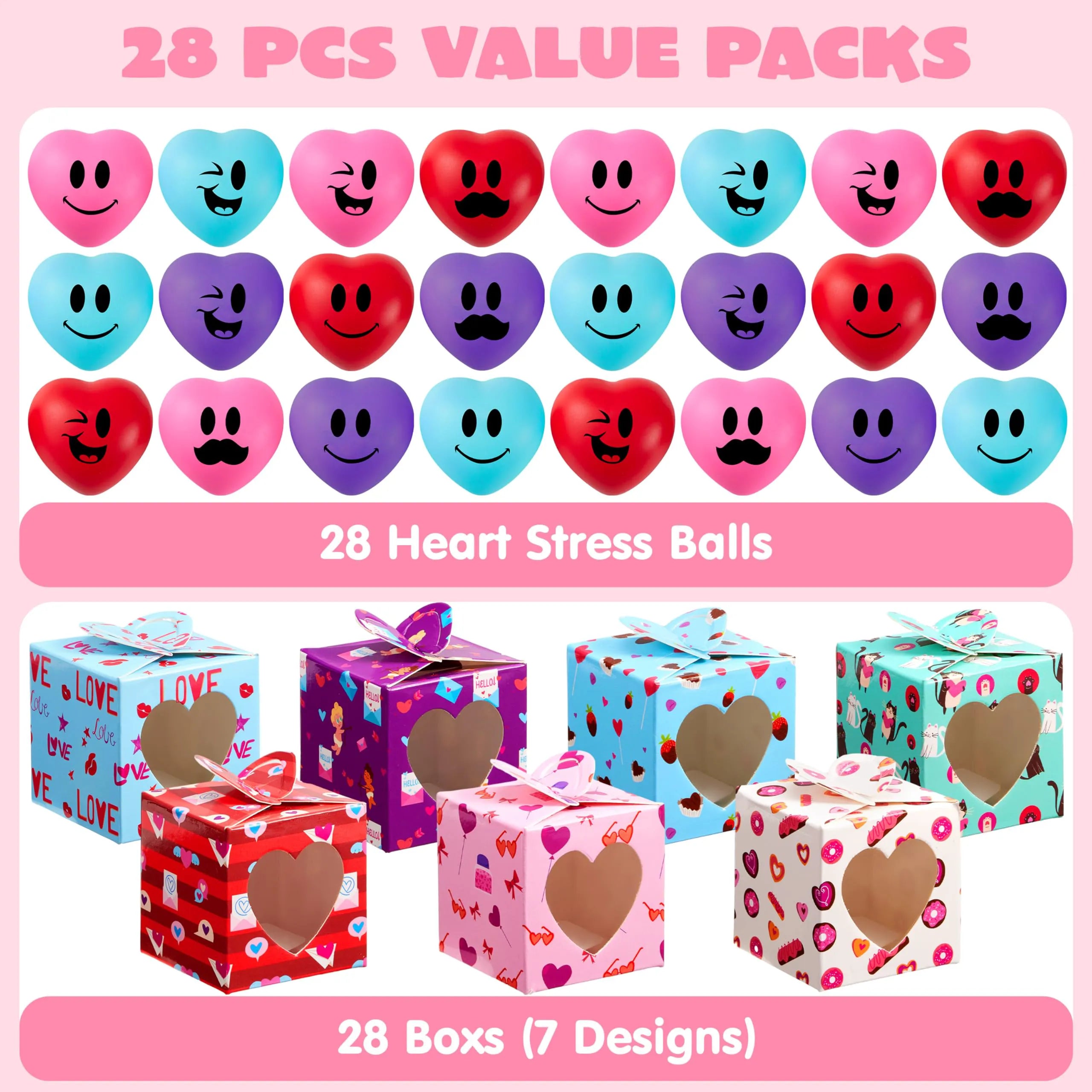 JOYIN 28-Pack Valentine Heart Stress Balls with Boxes