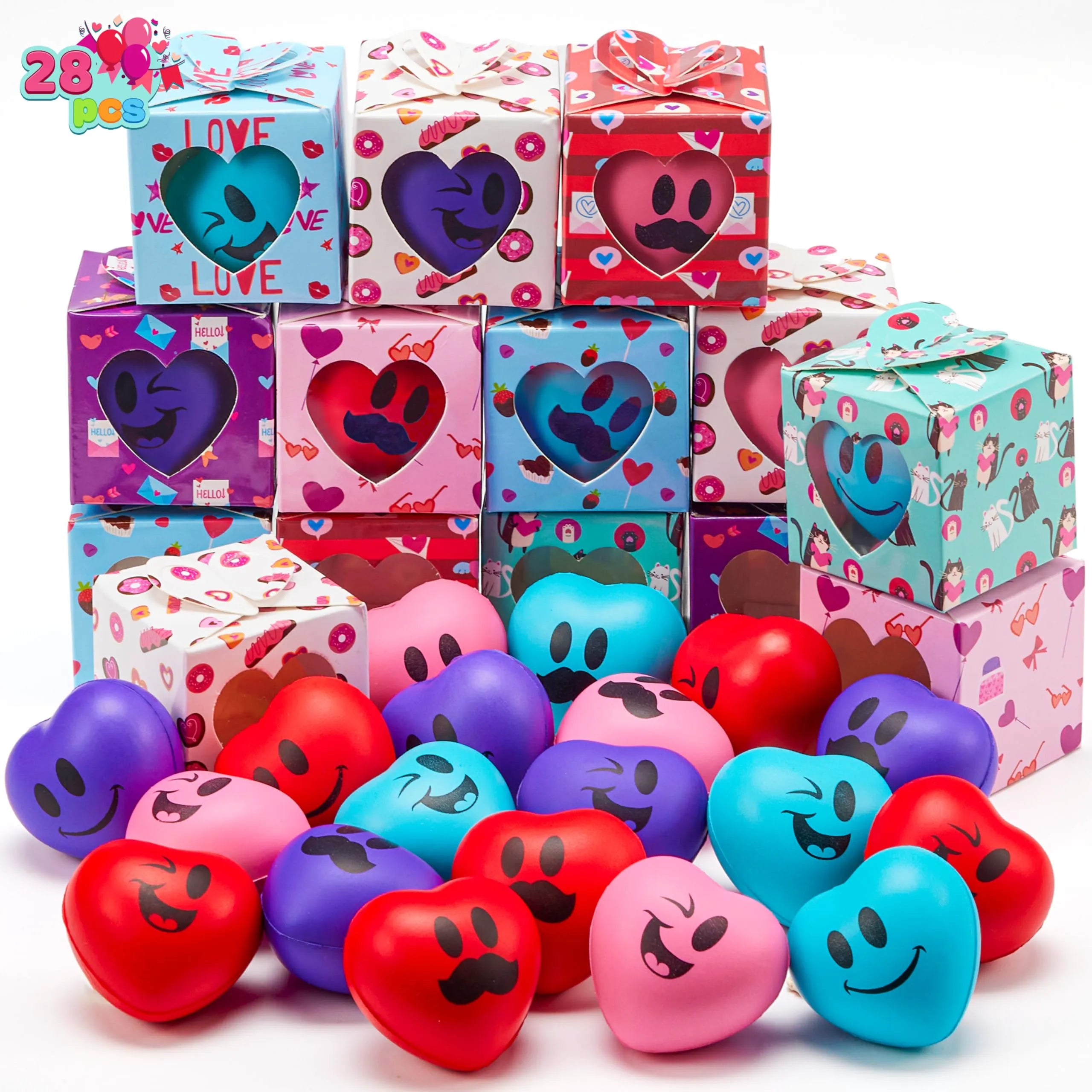 JOYIN 28-Pack Valentine Heart Stress Balls with Boxes