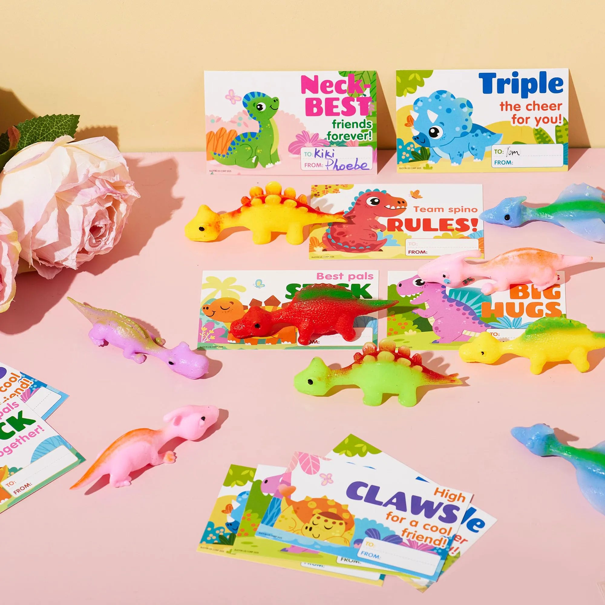 JOYIN 28 Pcs Valentine's Day Slingshot Dinosaur Toys with Cards