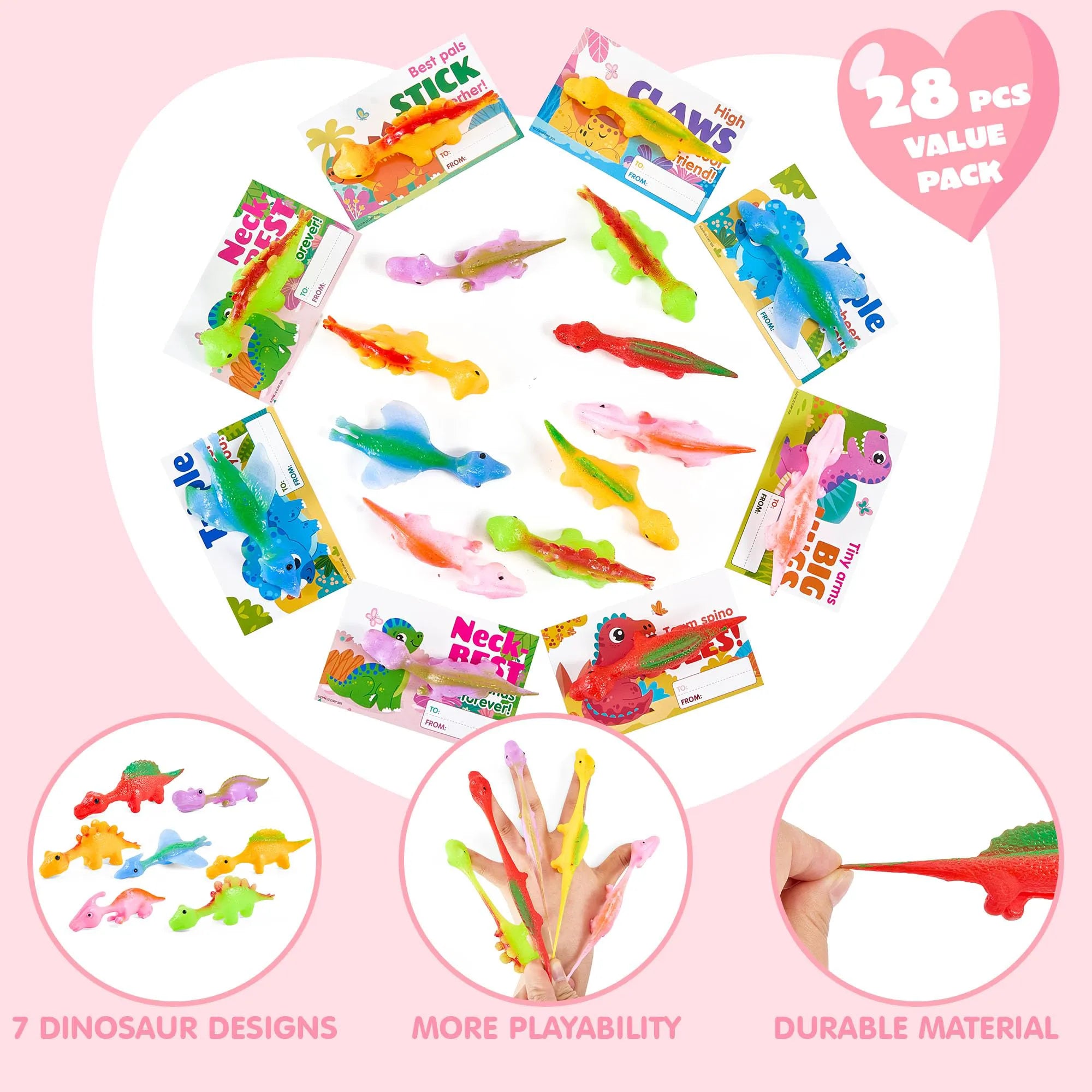 JOYIN 28 Pcs Valentine's Day Slingshot Dinosaur Toys with Cards