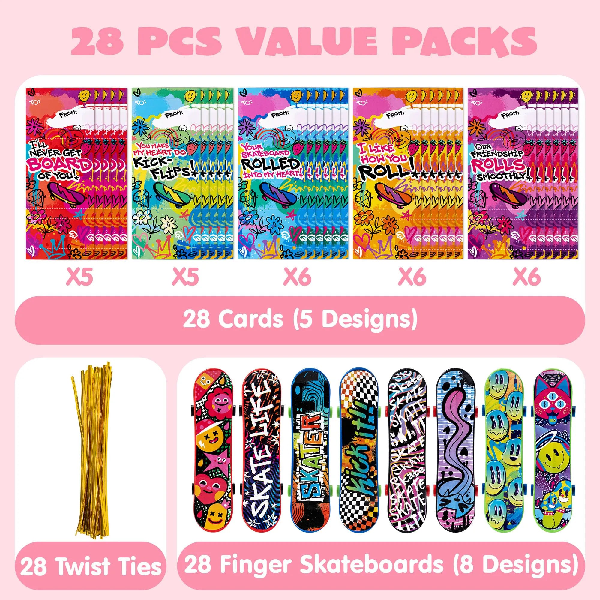 JOIN 28-Piece Valentine's Day Finger Skateboards with Cards for Kids, Party Favors