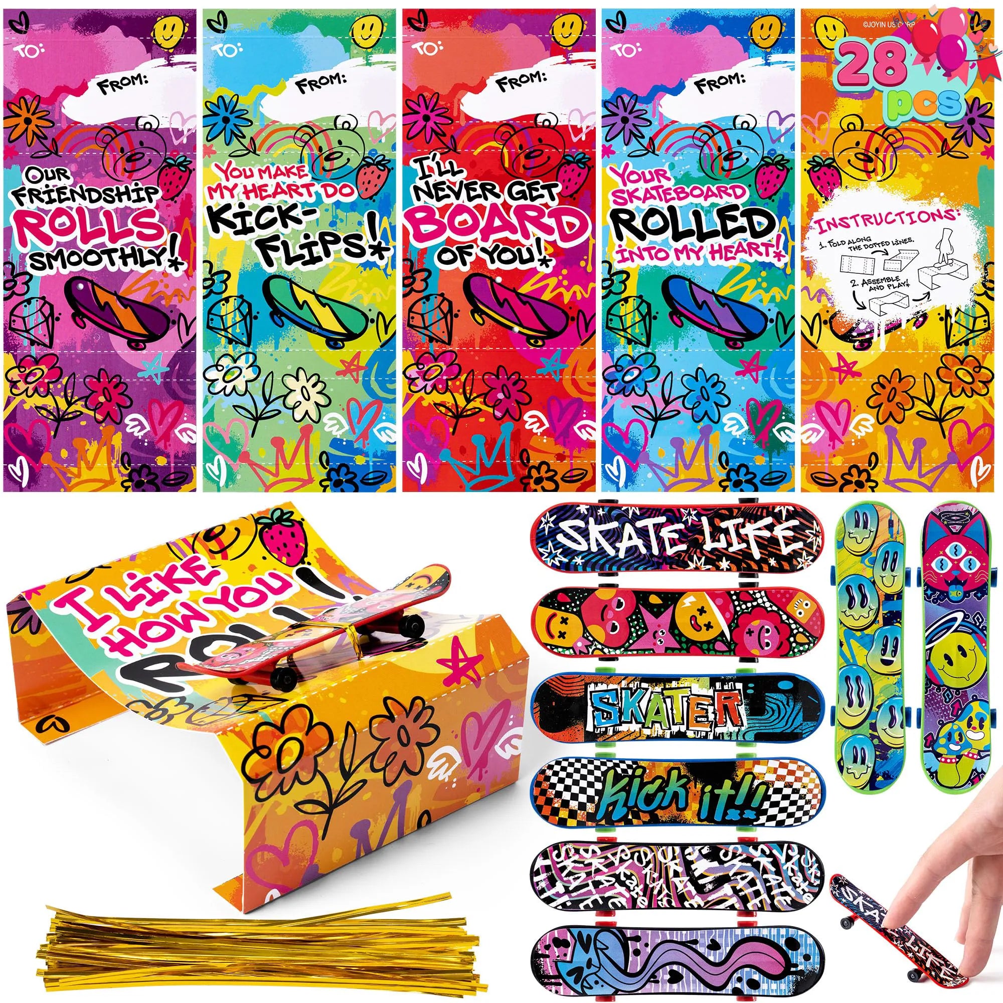 JOIN 28-Piece Valentine's Day Finger Skateboards with Cards for Kids, Party Favors