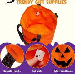 2-Pack Halloween LED Pumpkin Buckets - Trick or Treat Bags, Reusable Goody Buckets