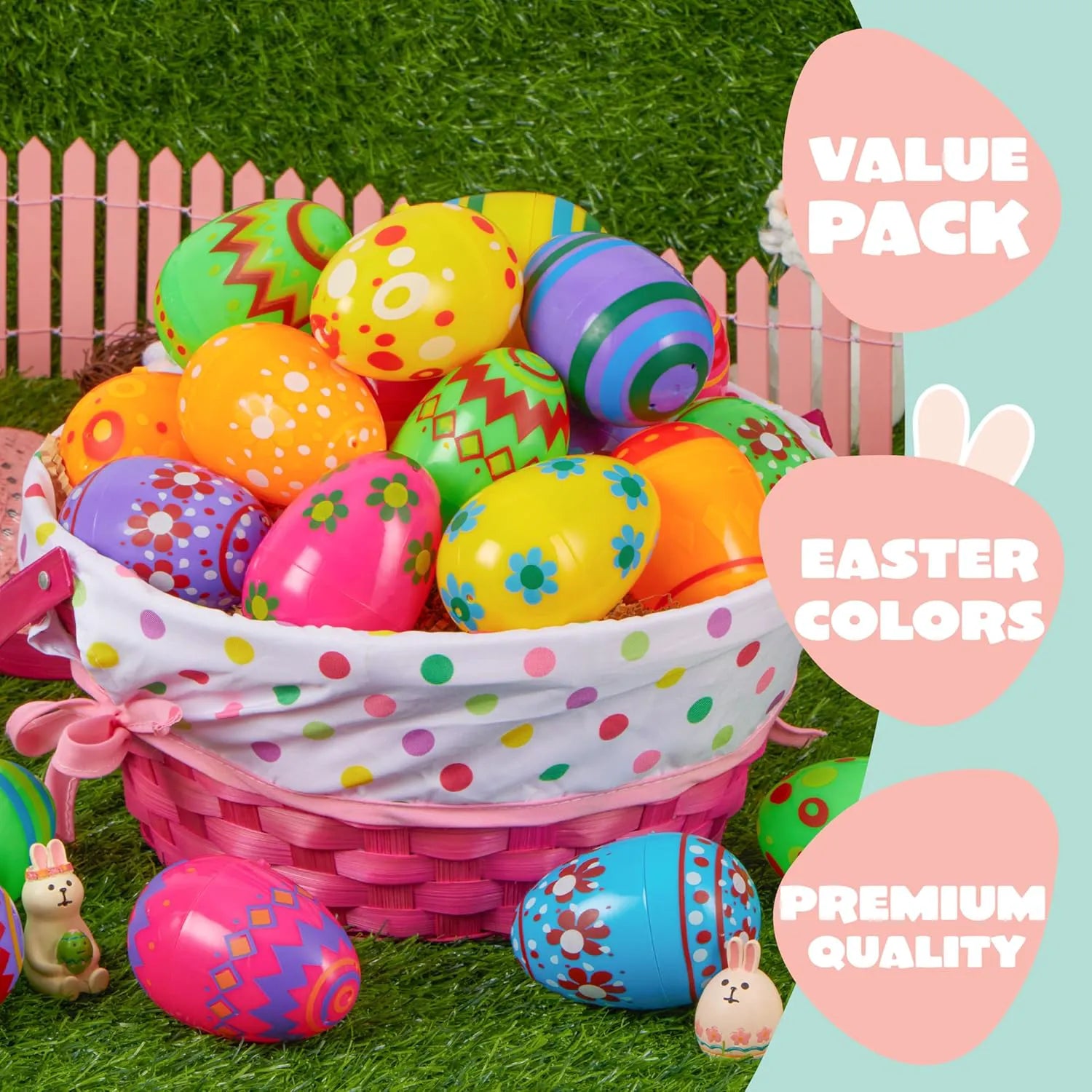 30 Pack 3.15-Inch Printed Plastic Empty Easter Eggs for Hunt & Party