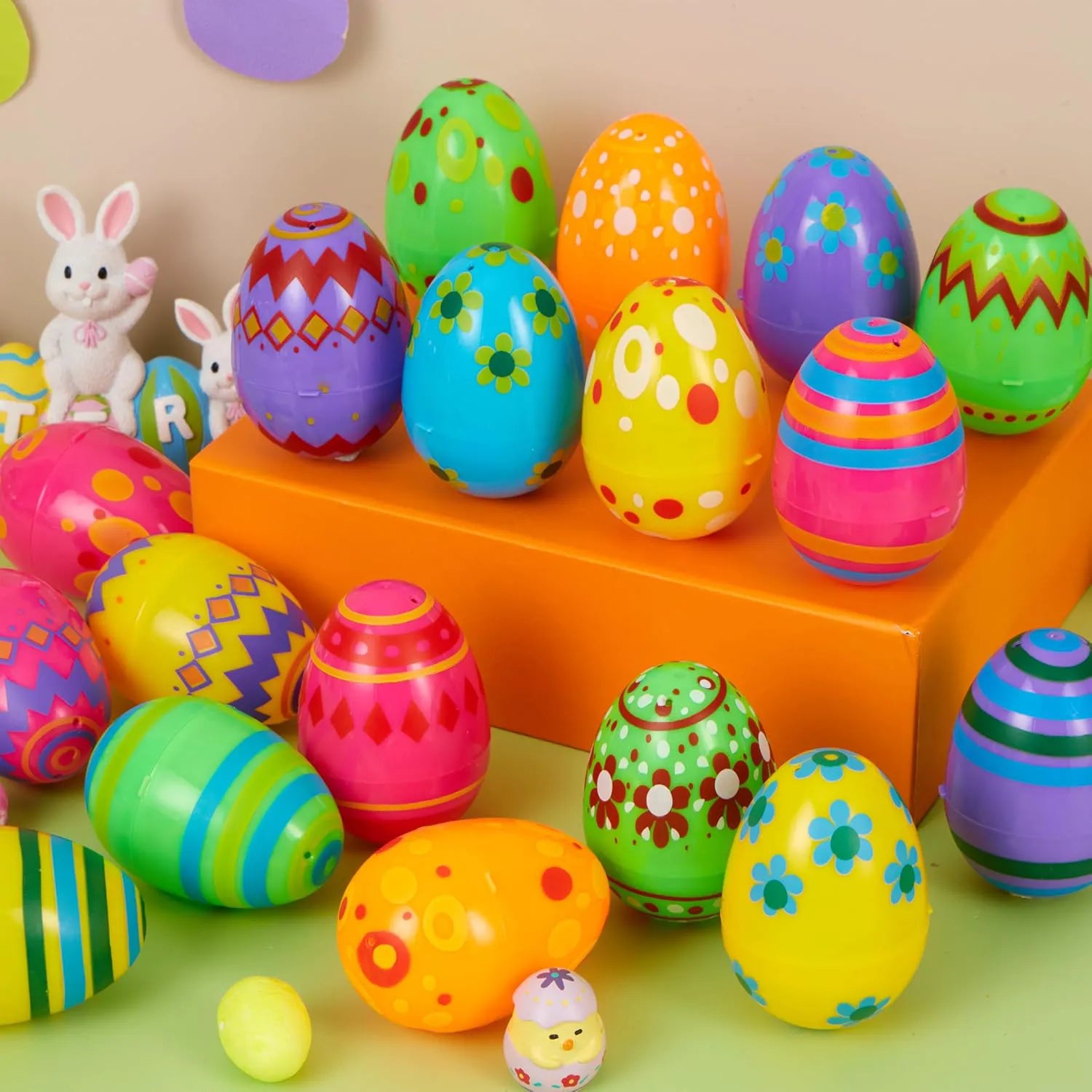 30 Pack 3.15-Inch Printed Plastic Empty Easter Eggs for Hunt & Party
