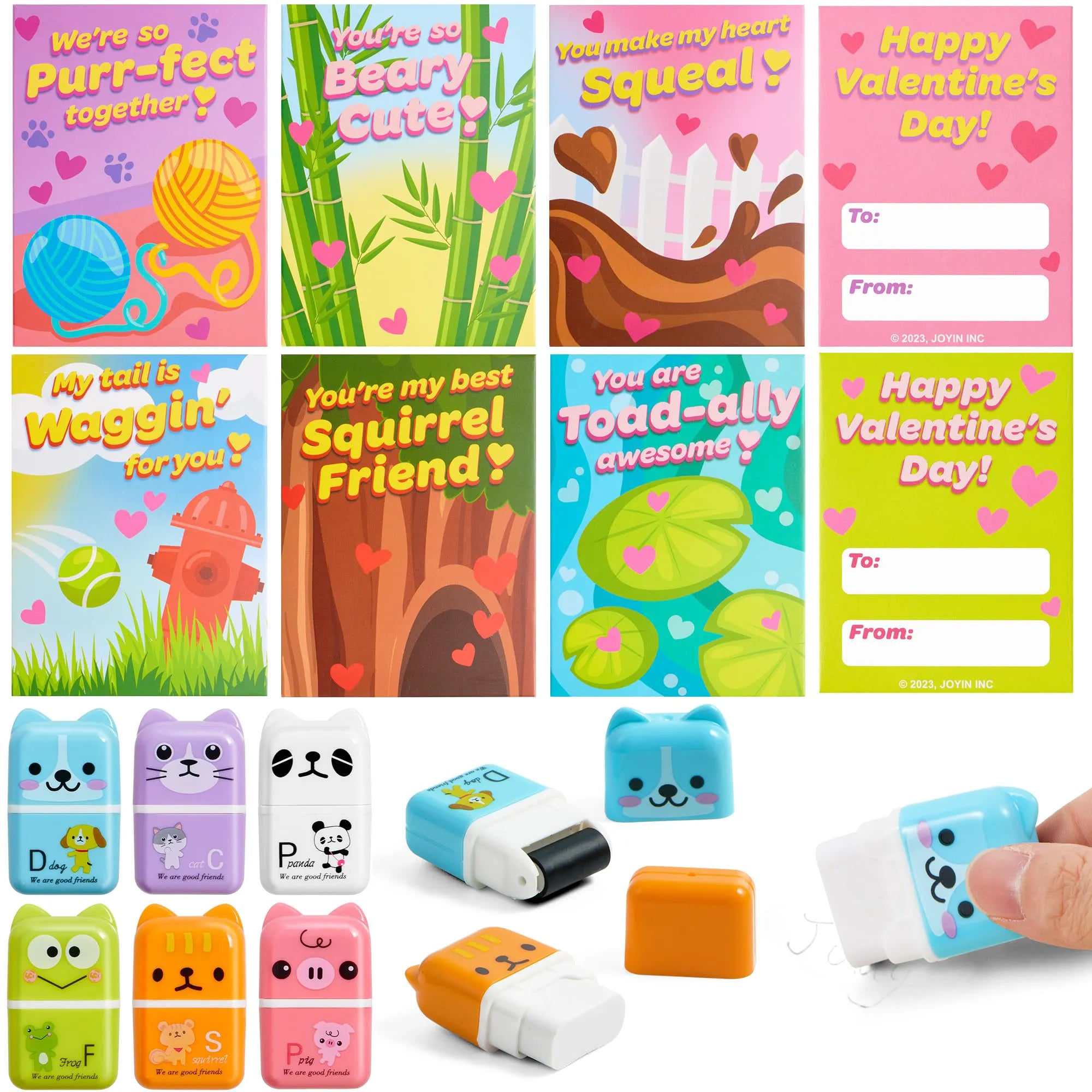 JOYIN 30-Pack Valentine's Day Animal Erasers with Clean Up Roller, Party Favor Gifts