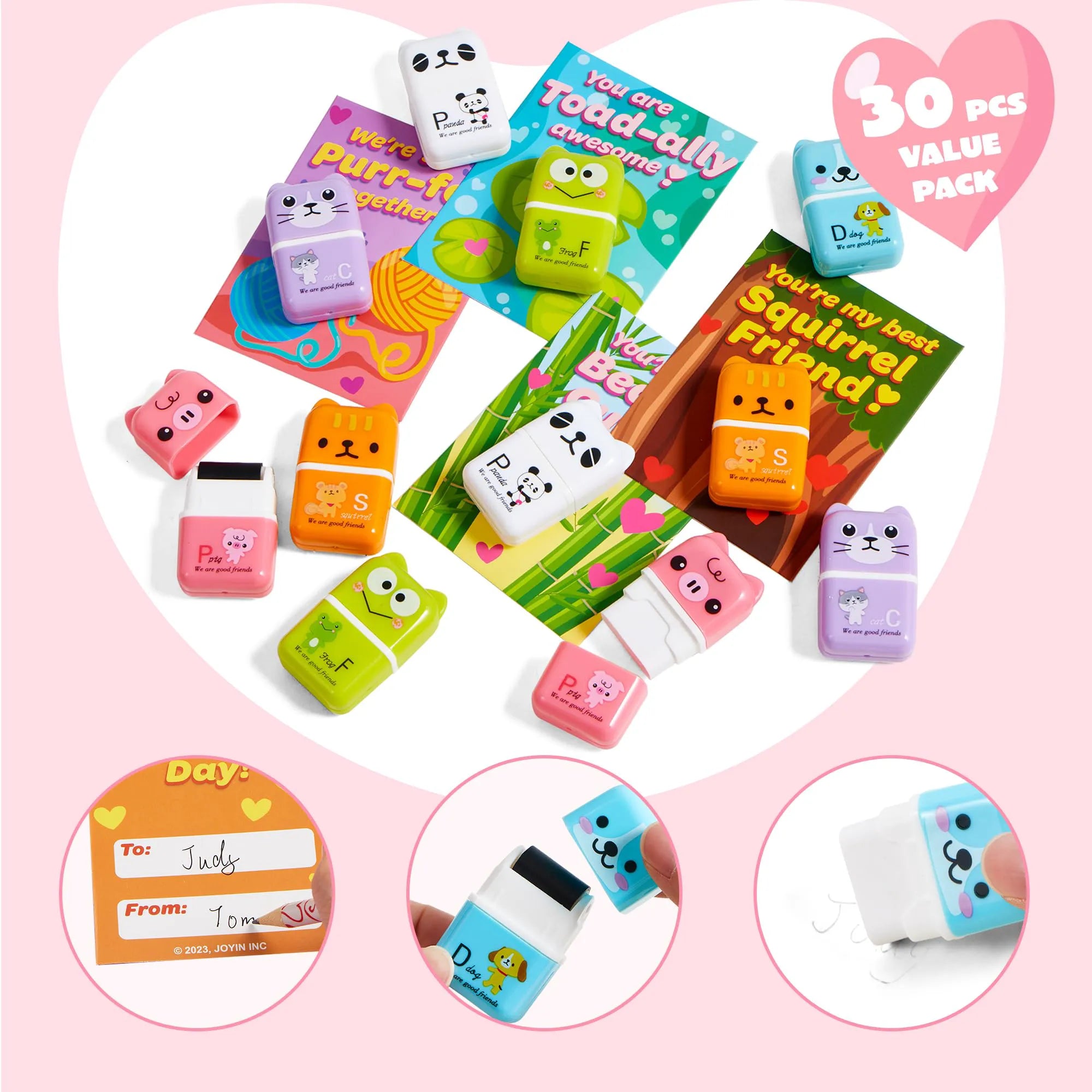 JOYIN 30-Pack Valentine's Day Animal Erasers with Clean Up Roller, Party Favor Gifts
