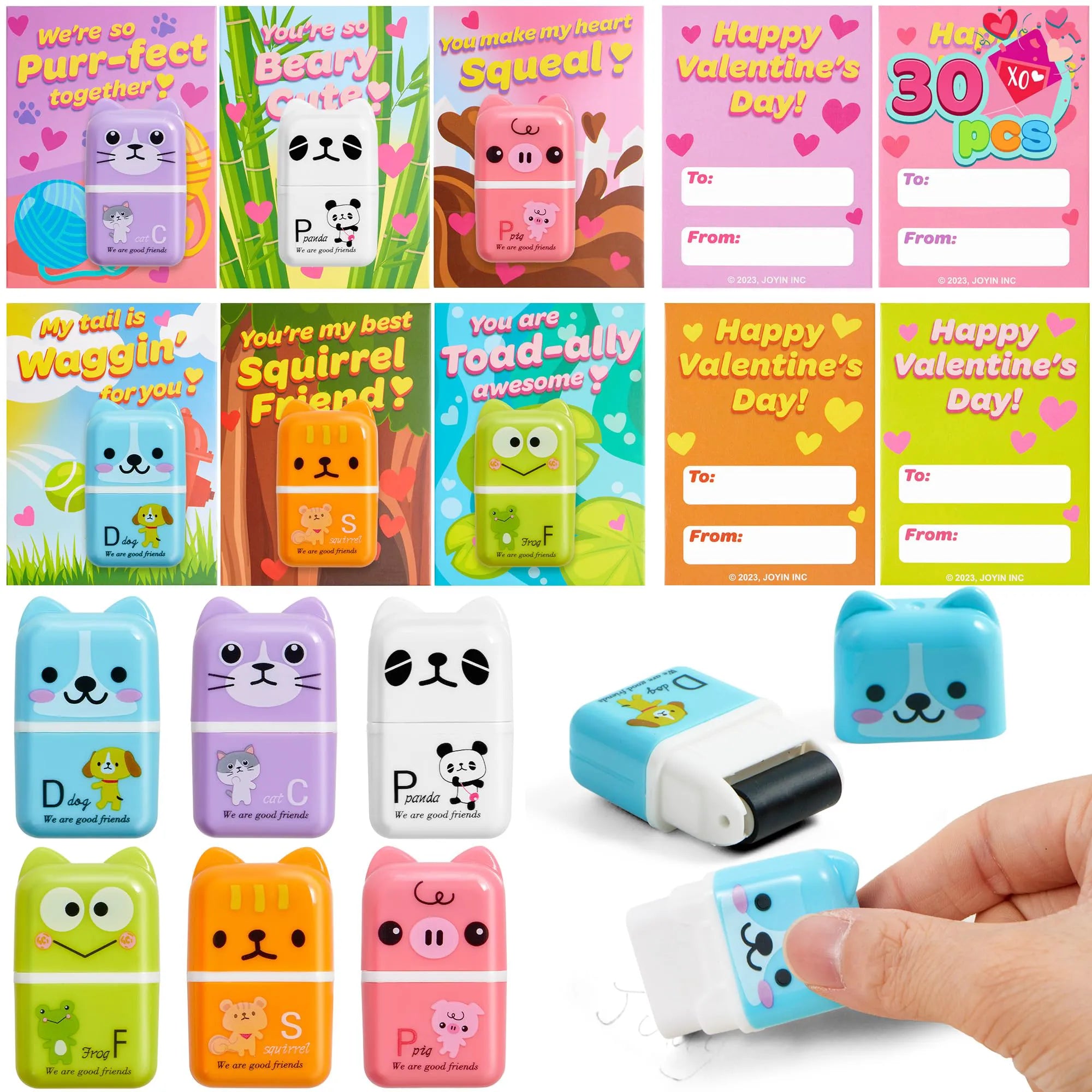JOYIN 30-Pack Valentine's Day Animal Erasers with Clean Up Roller, Party Favor Gifts