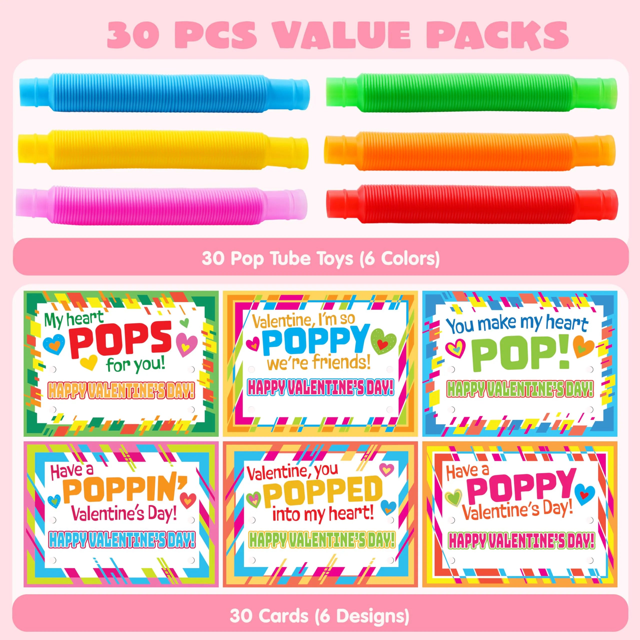 JOIN 30 Pack Valentine's Day Pop Tubes Fidget Toys for Kids