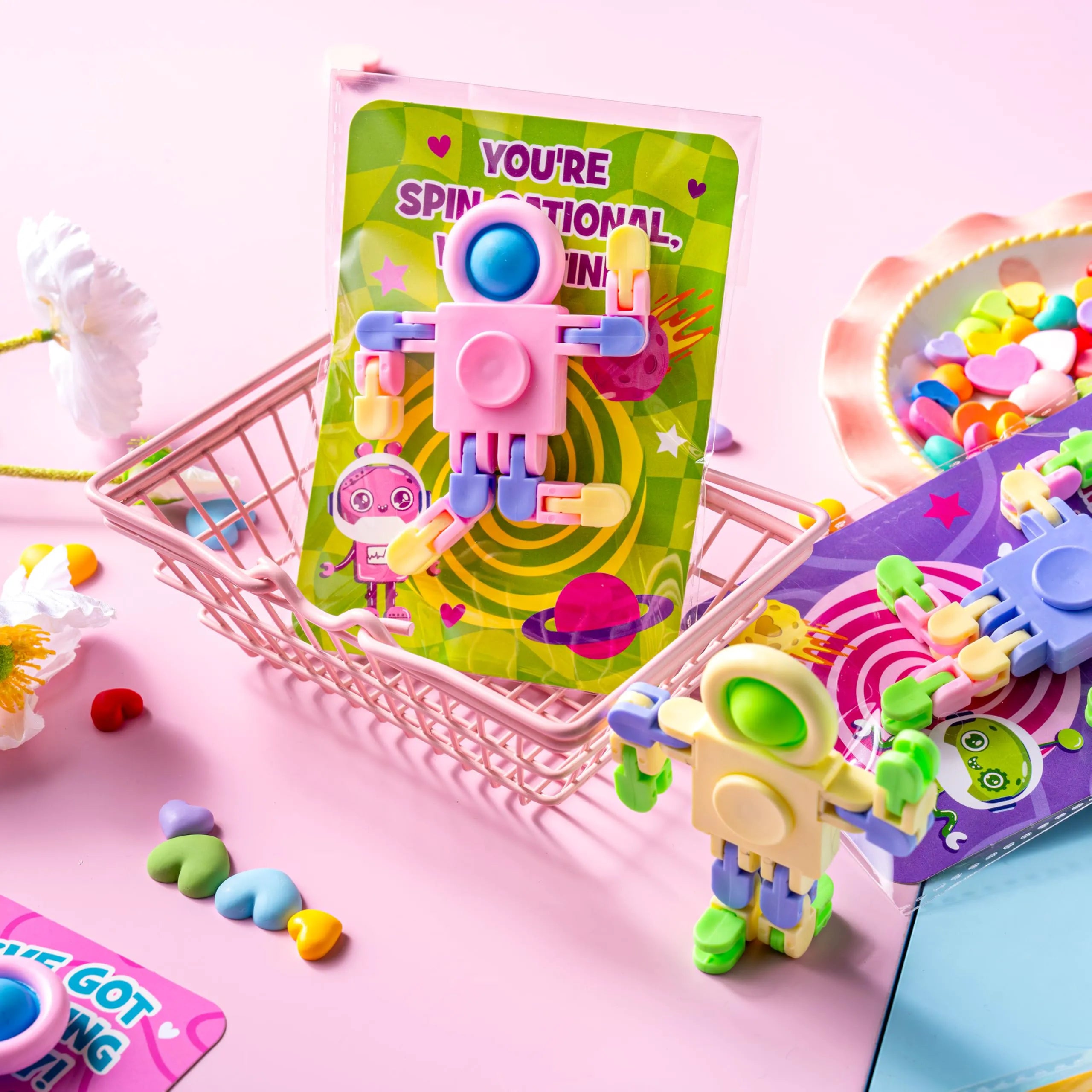 JOYIN 30 Packs Valentine's Day Pastel Robot Fidget Spinners with Cards