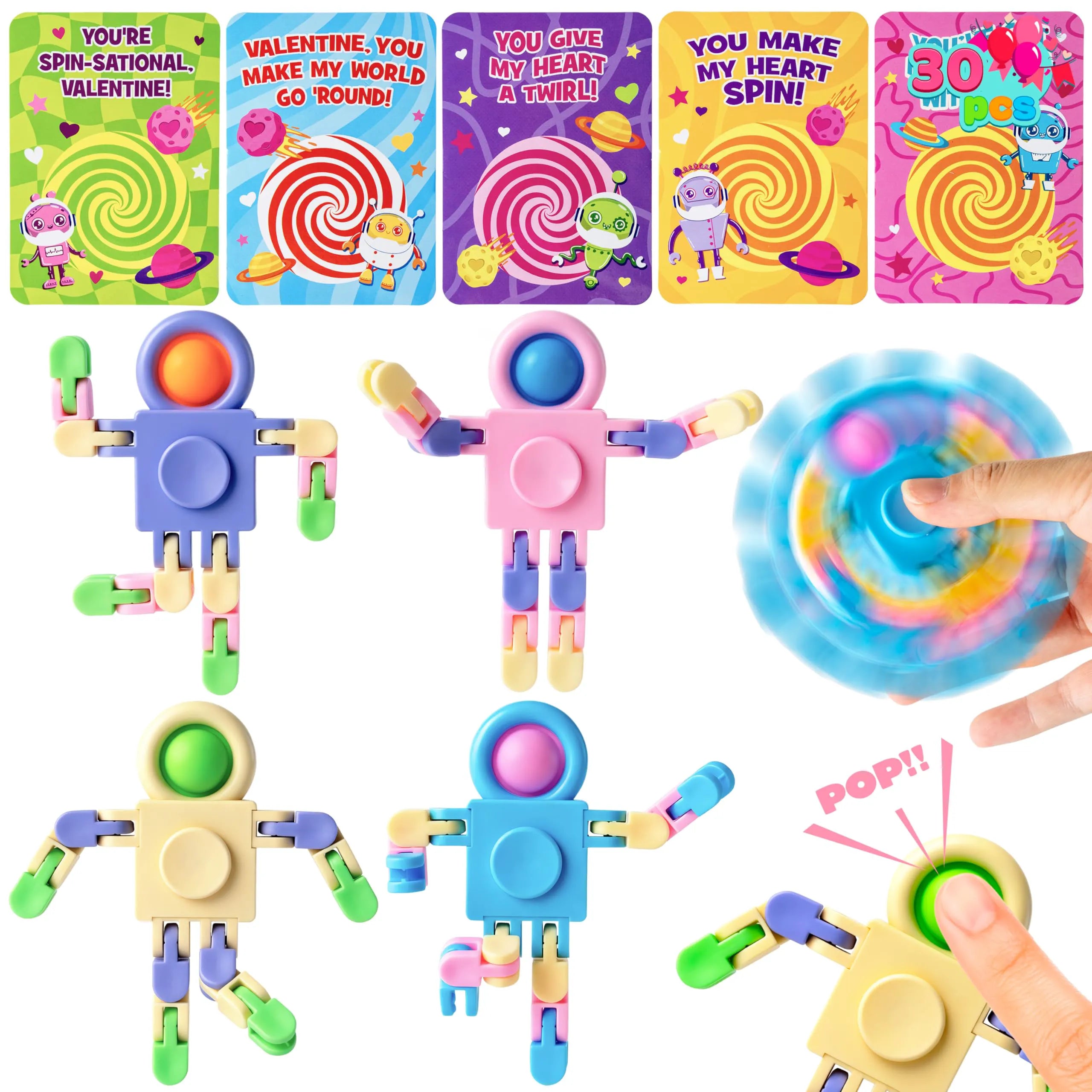 JOYIN 30 Packs Valentine's Day Pastel Robot Fidget Spinners with Cards