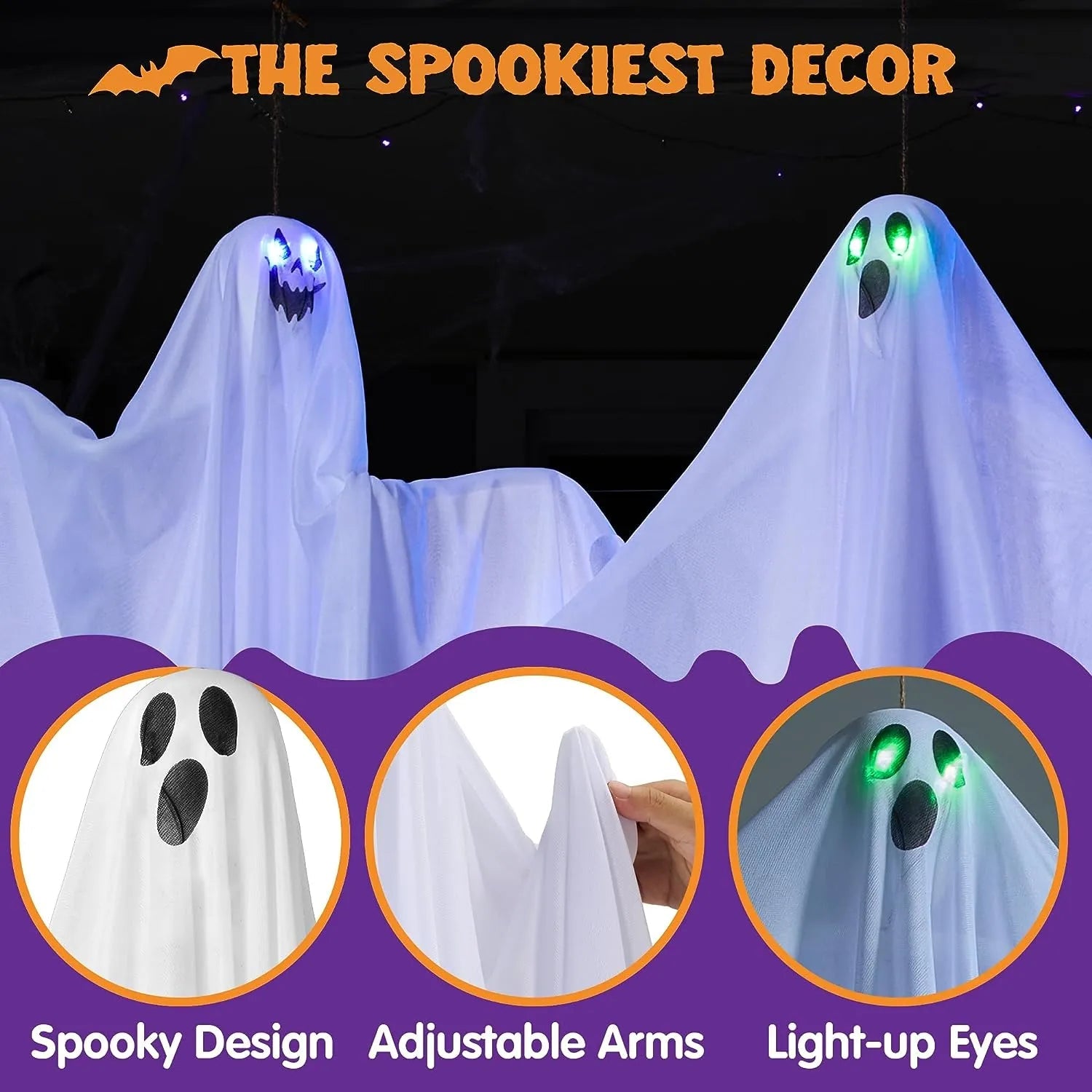 JOYIN 3-Pack 35.4-Inch Halloween Light-Up Hanging Ghost Decorations for Spooky Home Props
