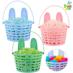JOIN 3-Piece Easter Plastic Baskets with Bunny Ears and Shredded Paper Grass