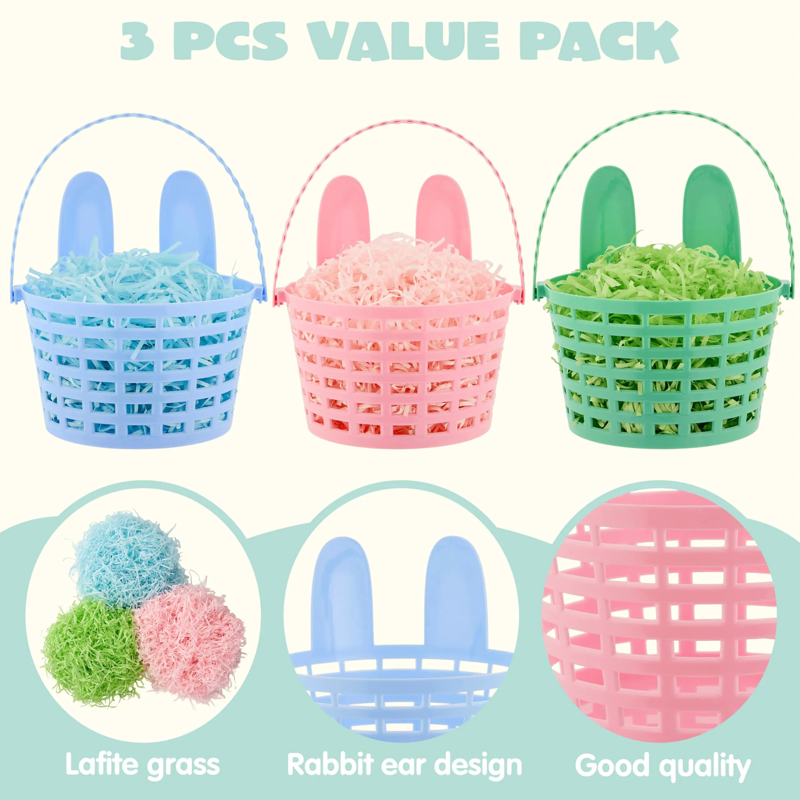 JOIN 3-Piece Easter Plastic Baskets with Bunny Ears and Shredded Paper Grass