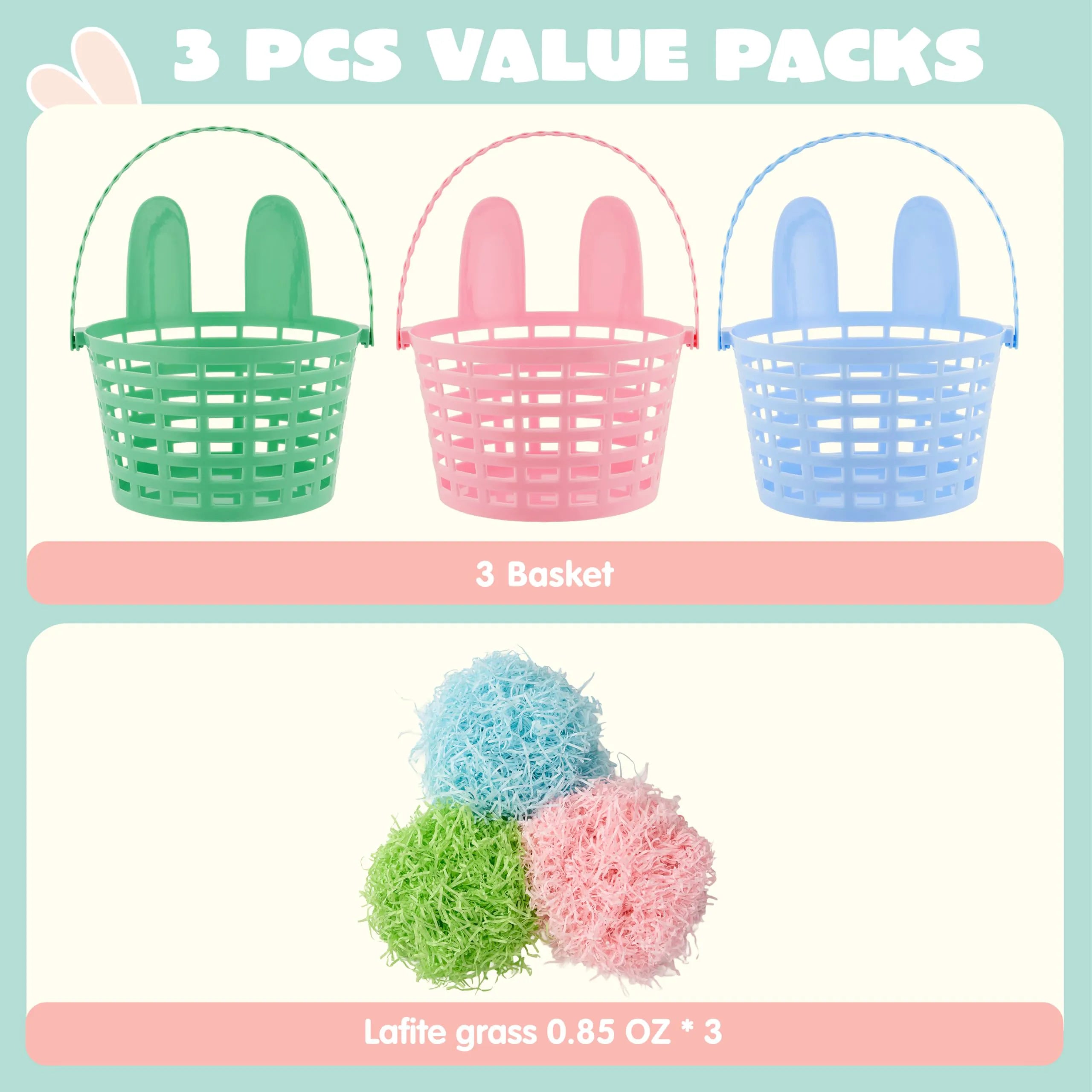JOIN 3-Piece Easter Plastic Baskets with Bunny Ears and Shredded Paper Grass