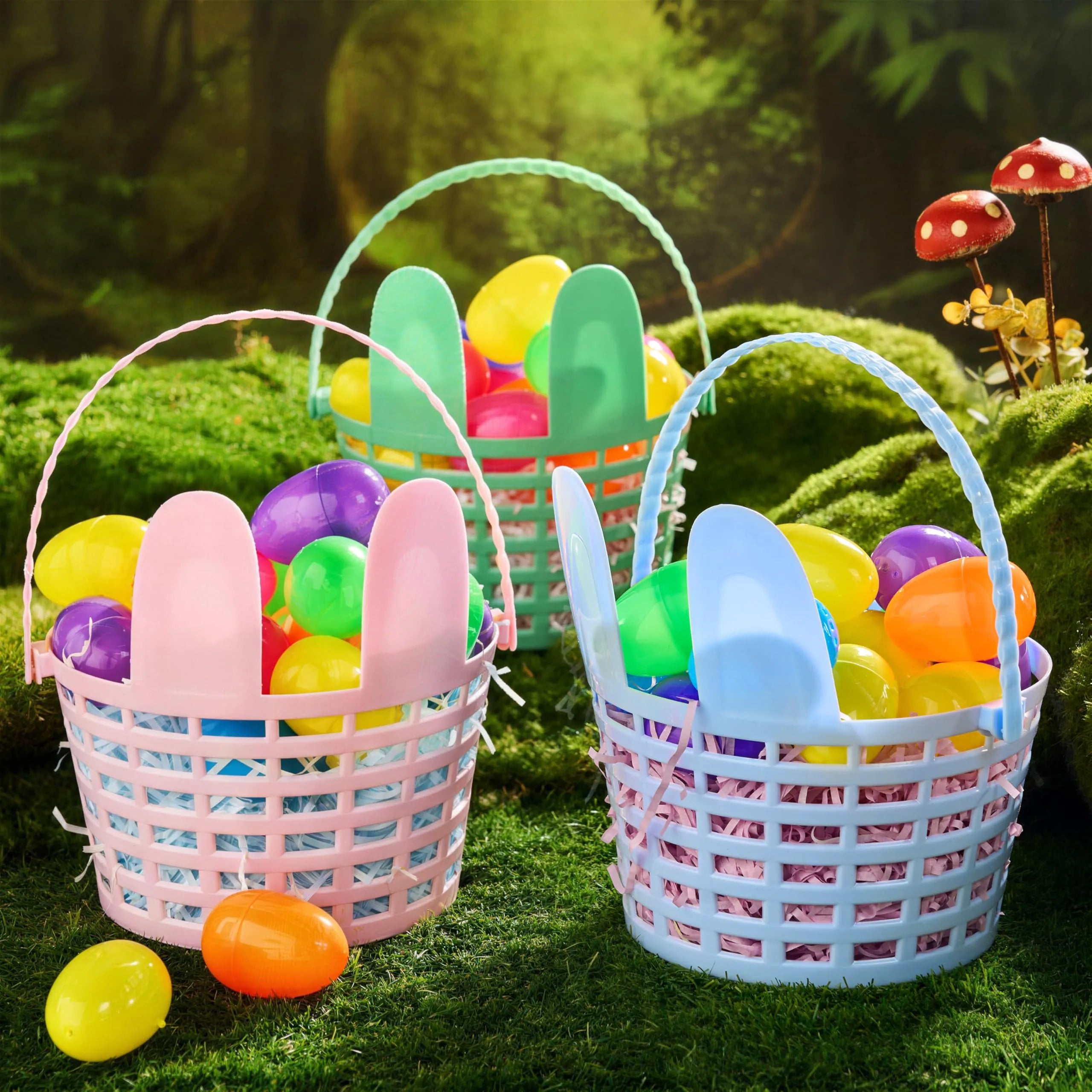 JOIN 3-Piece Easter Plastic Baskets with Bunny Ears and Shredded Paper Grass