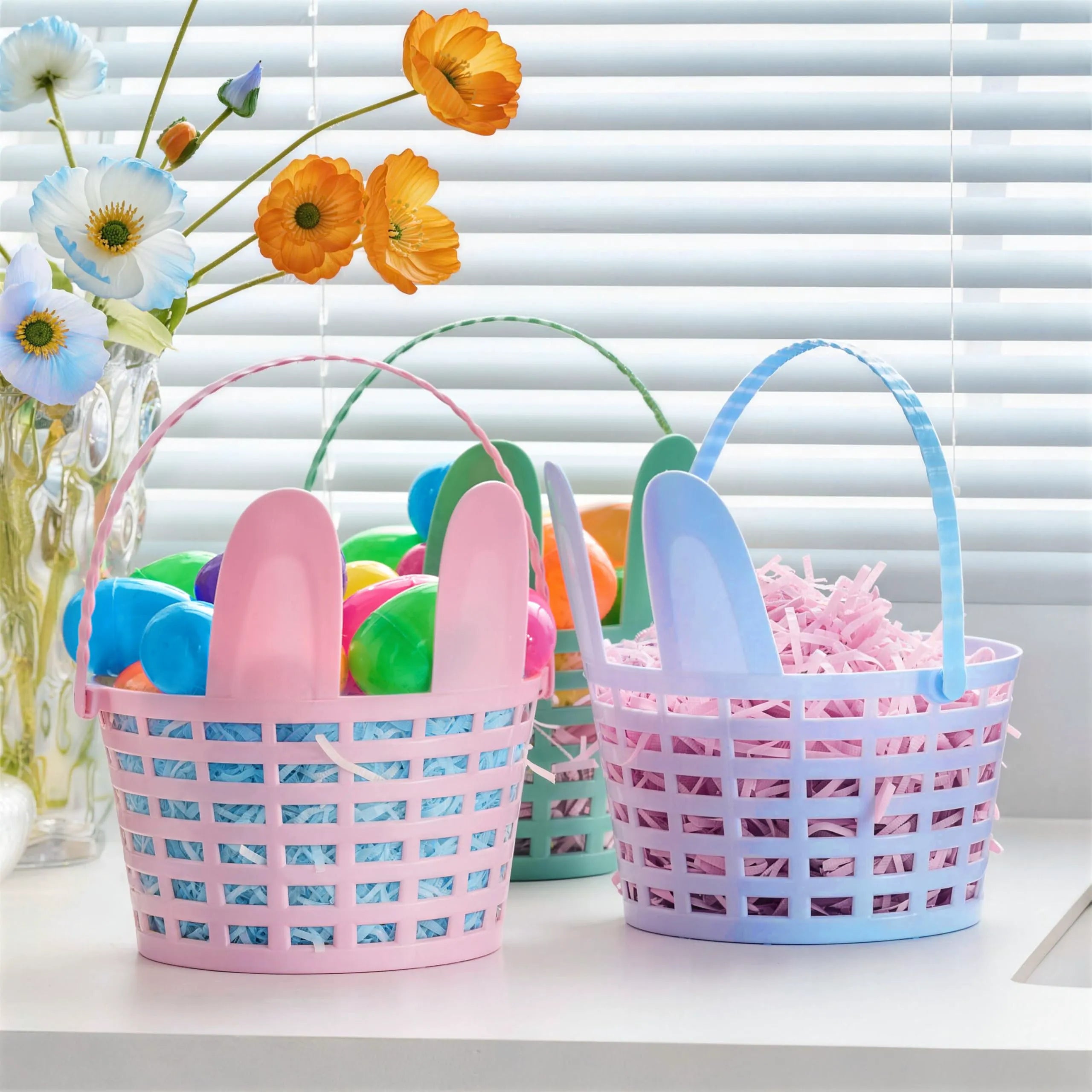 JOIN 3-Piece Easter Plastic Baskets with Bunny Ears and Shredded Paper Grass