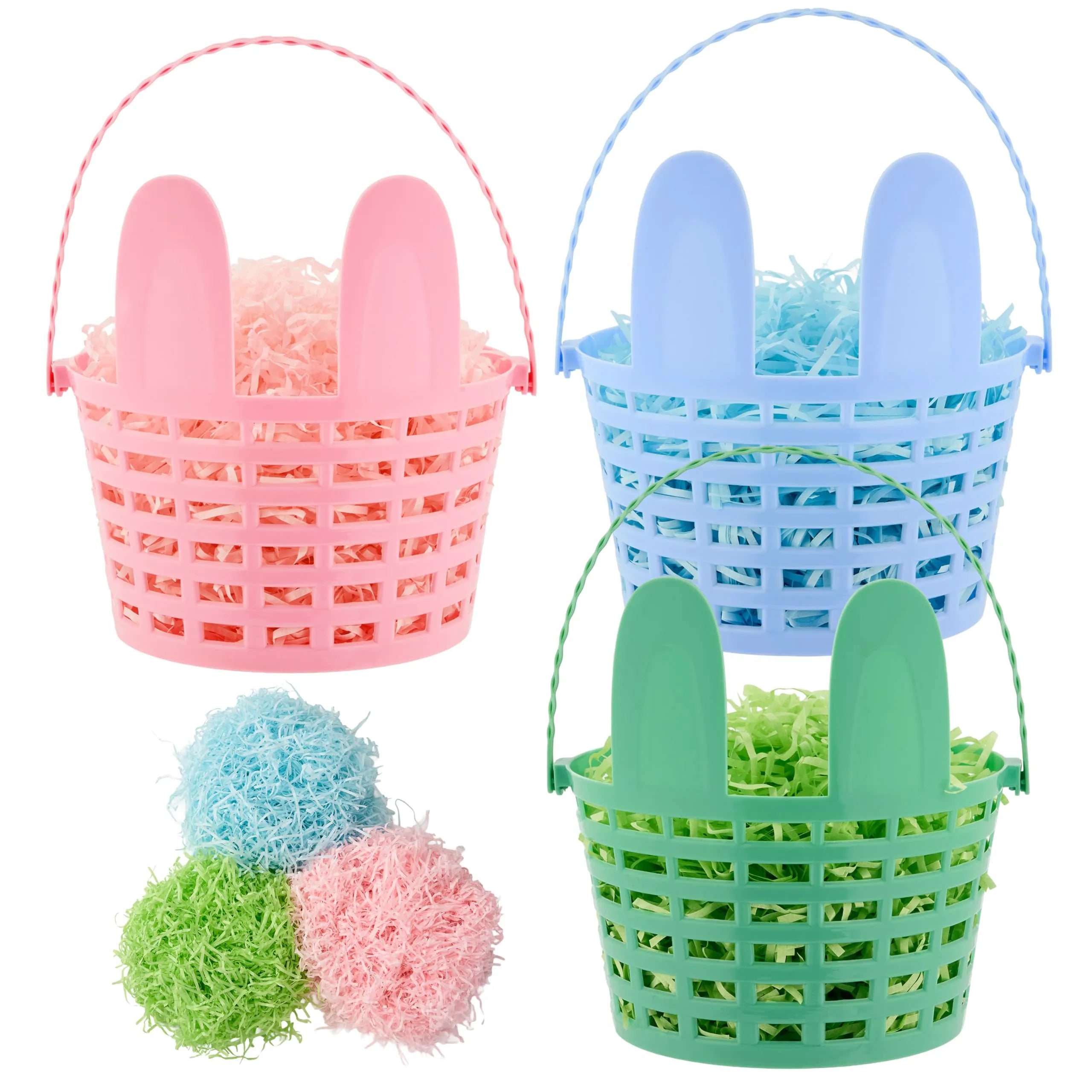 JOIN 3-Piece Easter Plastic Baskets with Bunny Ears and Shredded Paper Grass