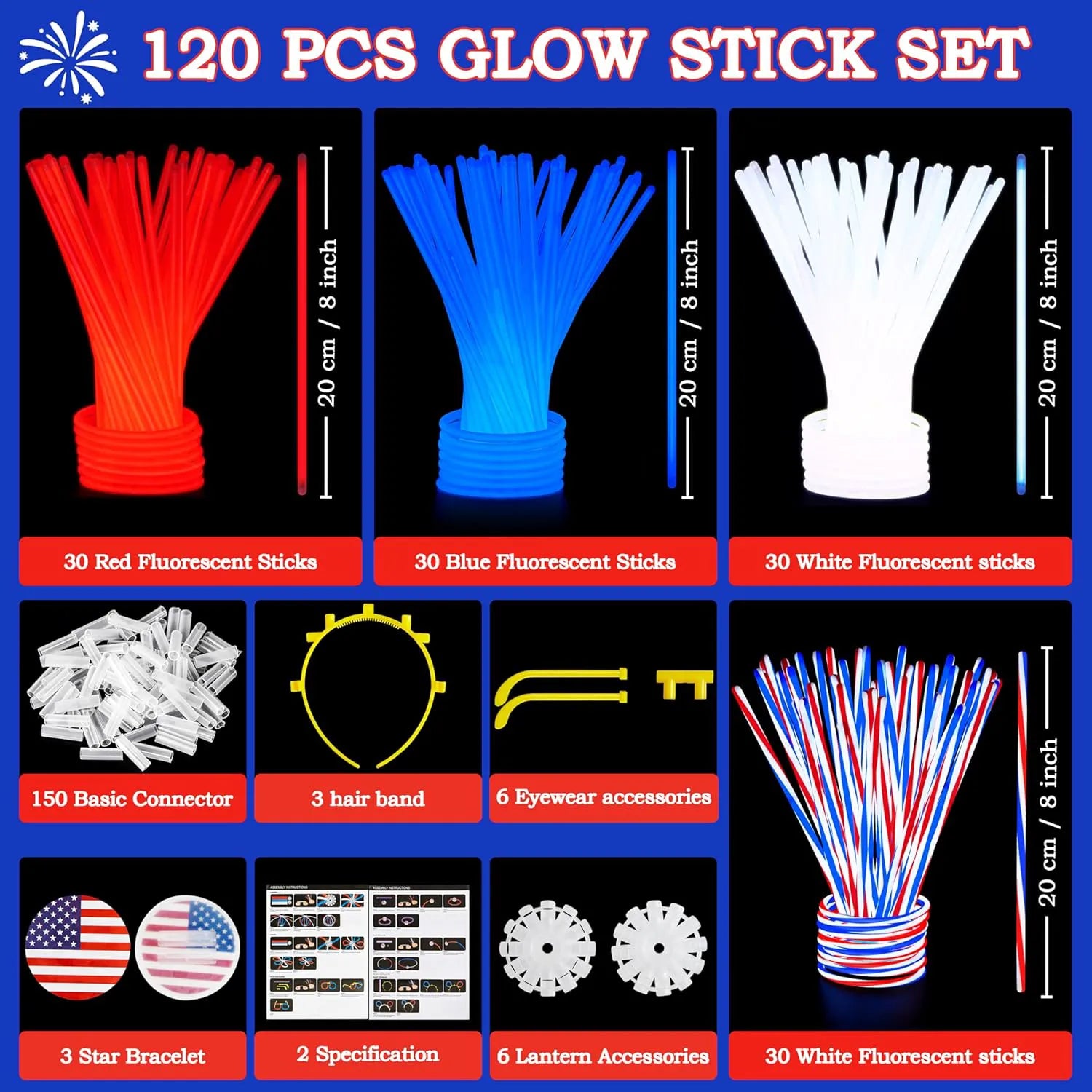 JOYIN 4th of July Patriotic Glow Sticks Bulk (120 Count)