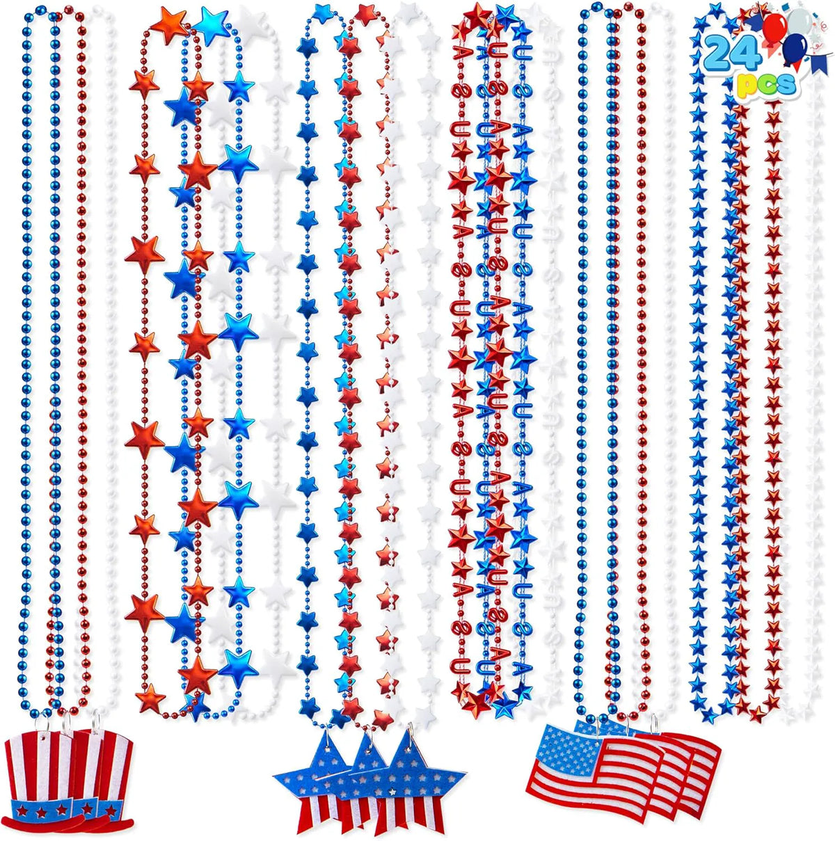 JOYIN Patriotic 4th of July Beaded Necklaces with Holiday Pendants (24 Pack)