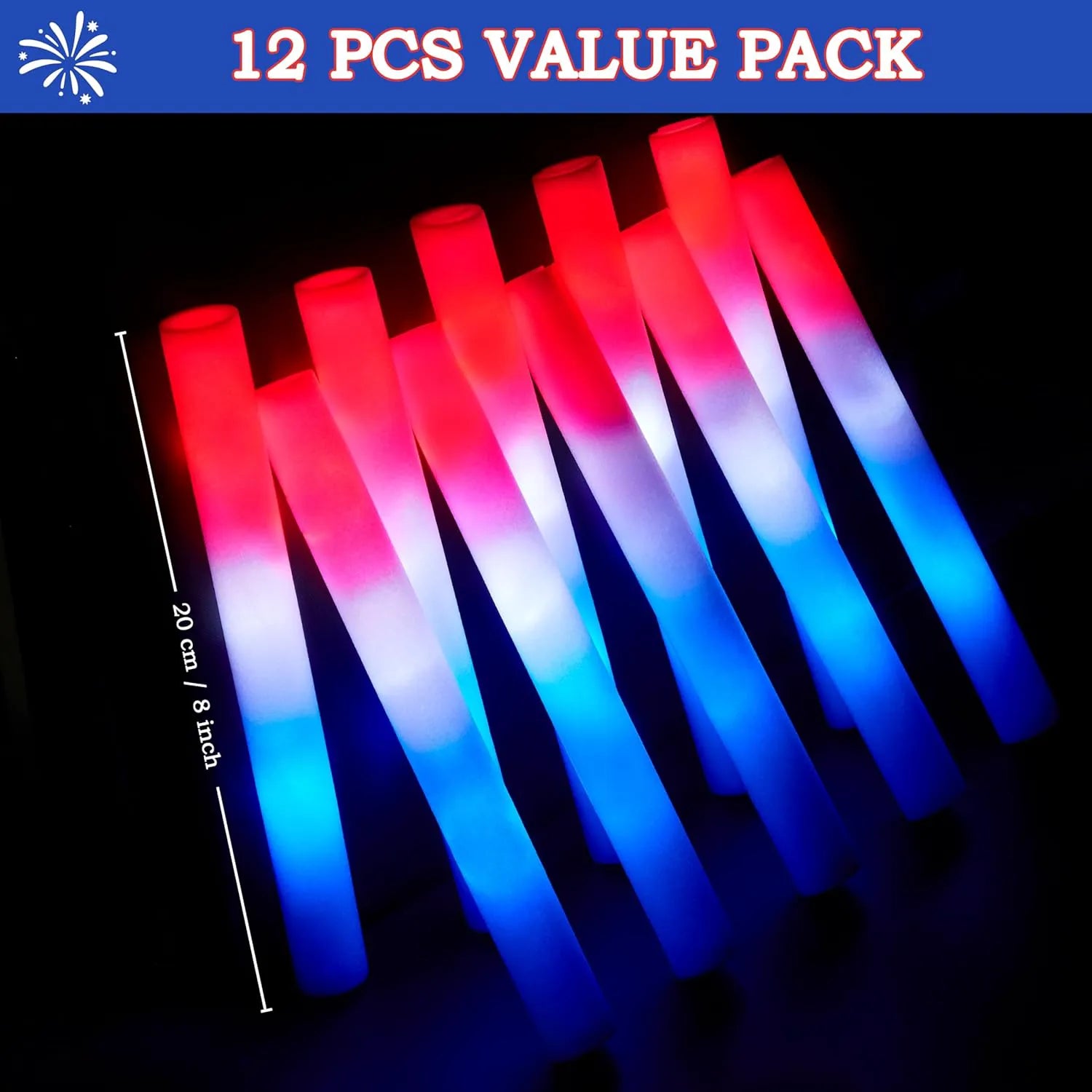 JOYIN Patriotic Red, White & Blue LED Foam Sticks with 3 Light Modes - 12 Pcs