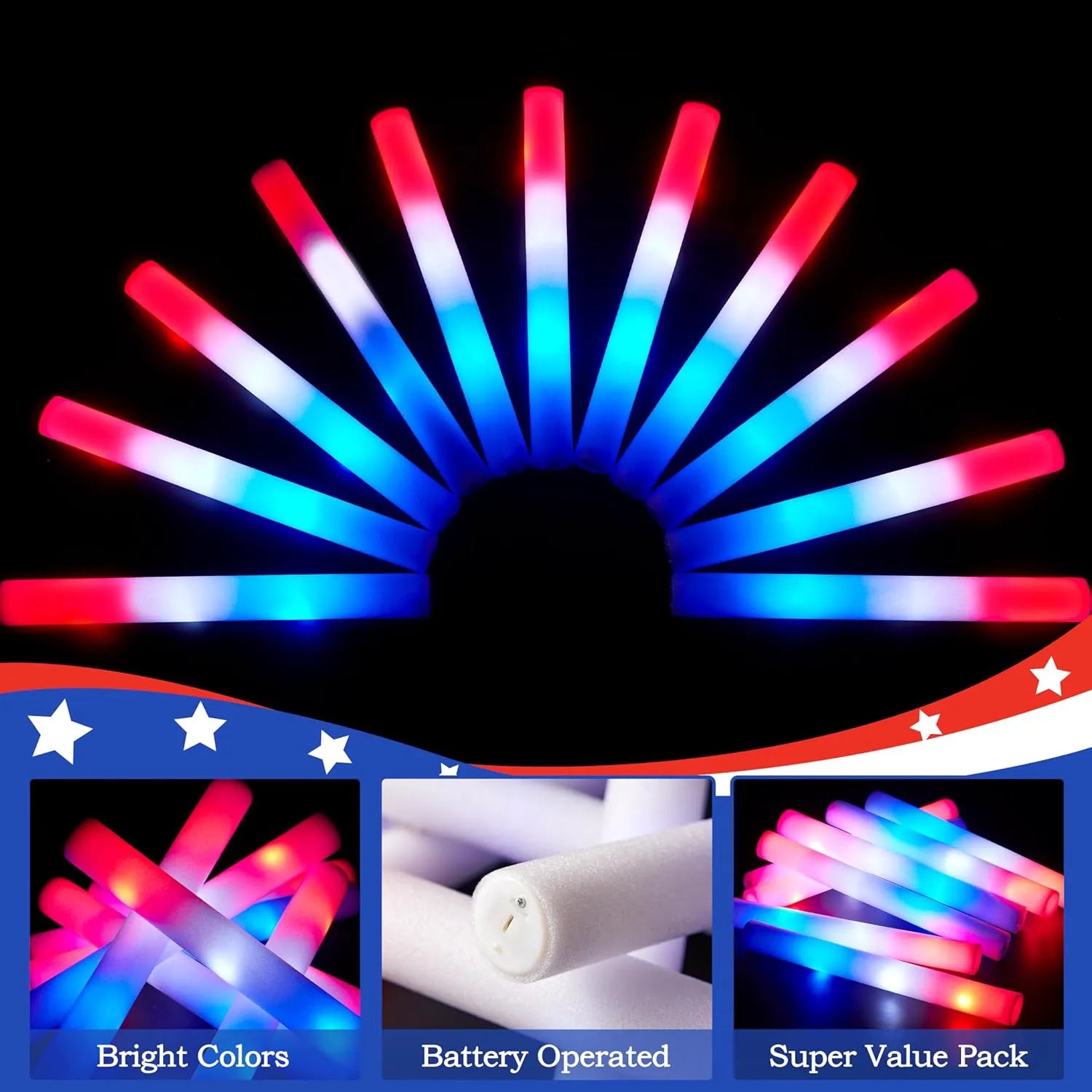JOYIN Patriotic Red, White & Blue LED Foam Sticks with 3 Light Modes - 12 Pcs