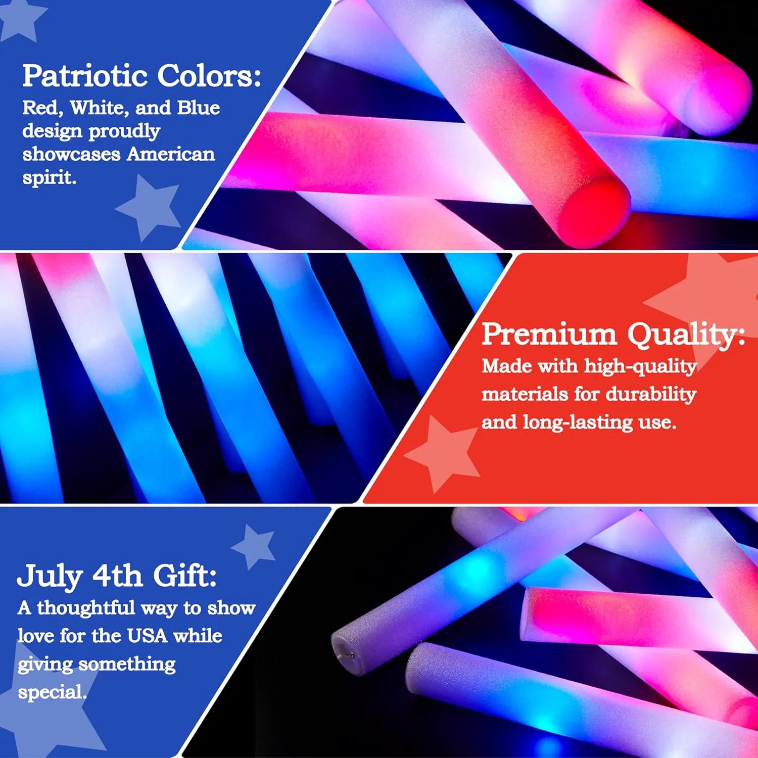 JOYIN Patriotic Red, White & Blue LED Foam Sticks with 3 Light Modes - 12 Pcs