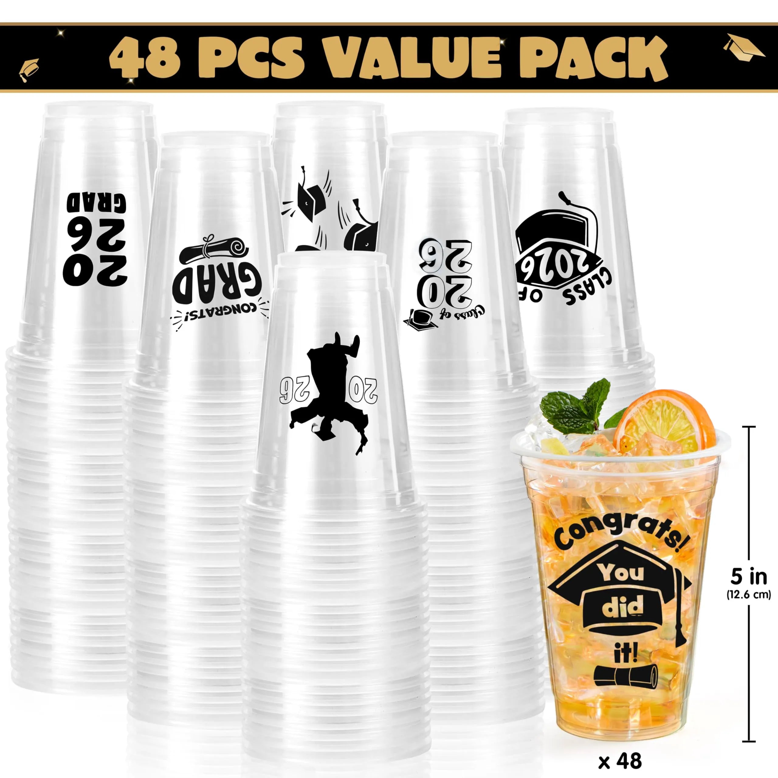 24 Pack 2026 Graduation Plastic Cups, Black 16oz Disposable Party Decorations