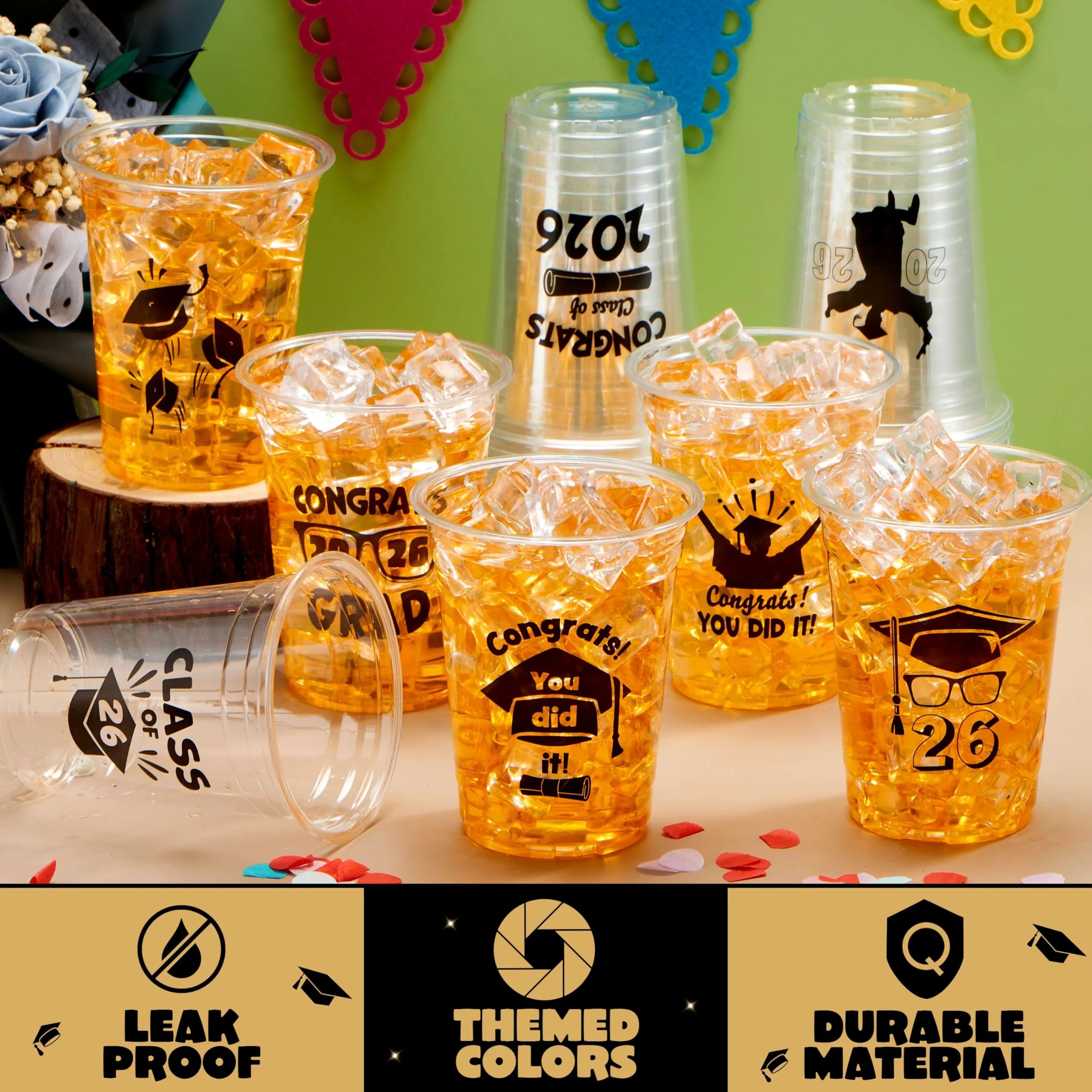 24 Pack 2026 Graduation Plastic Cups, Black 16oz Disposable Party Decorations