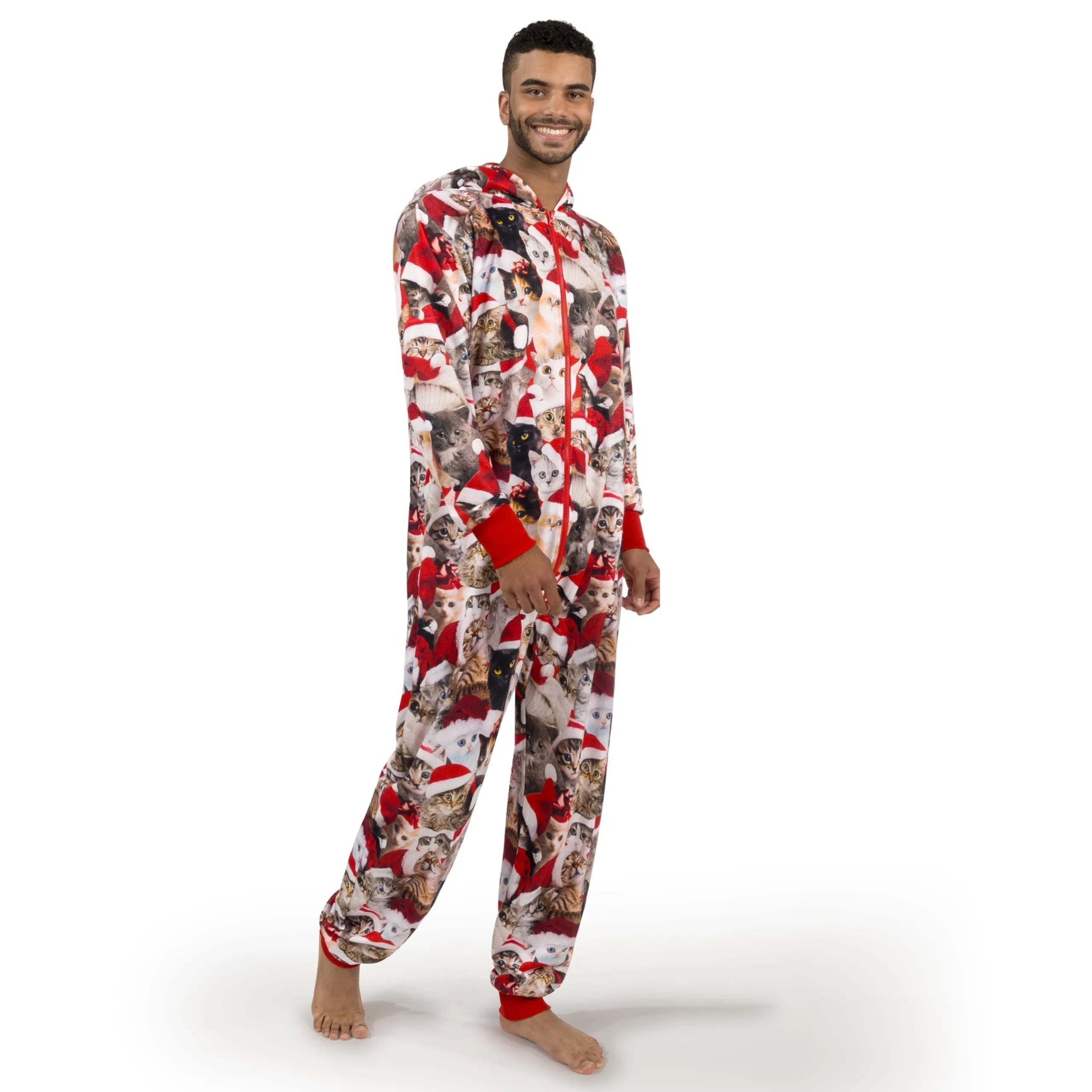 Men's Cute Cat Print Christmas Hooded Pajamas - Adult Holiday Sleepwear