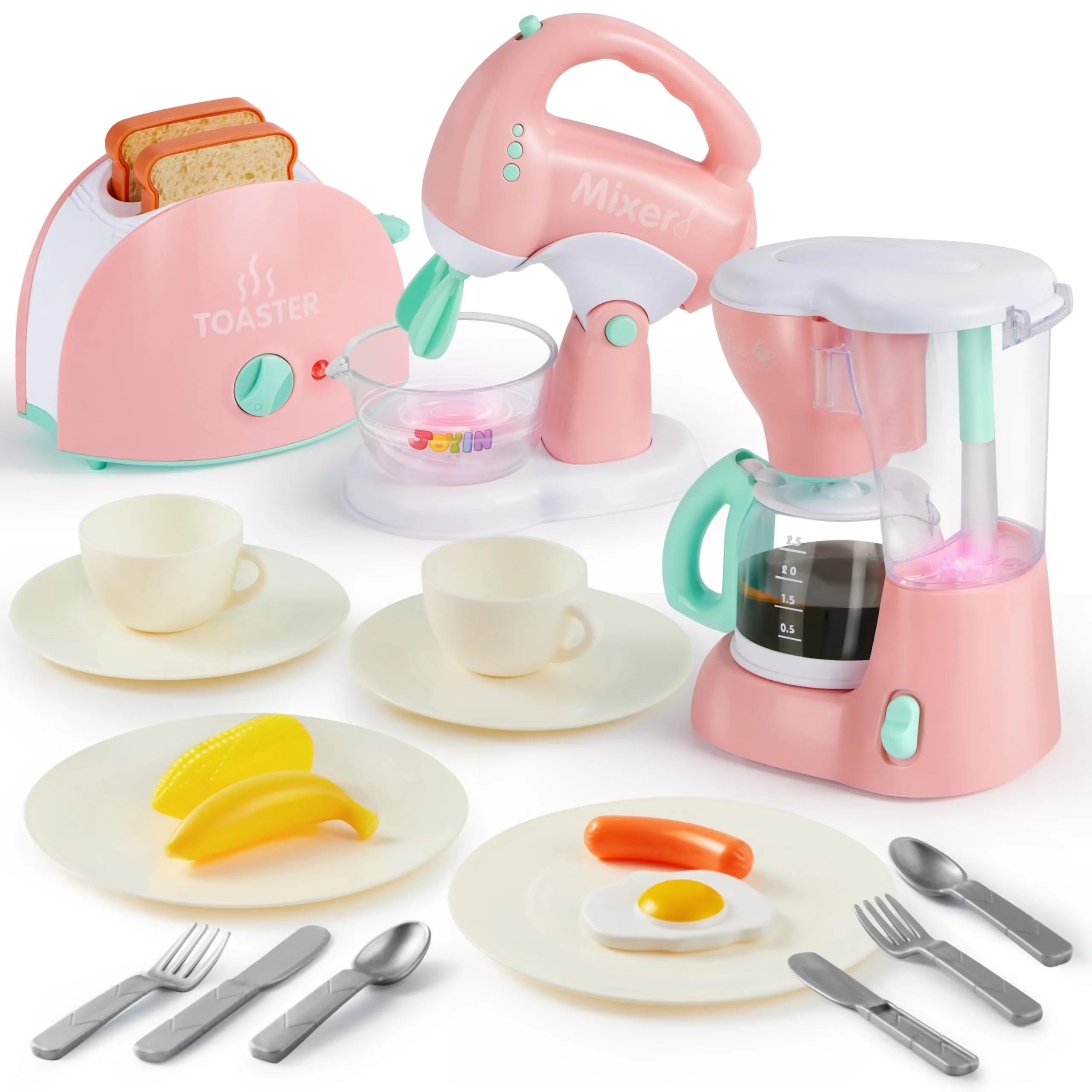 Pink Pretend Play Kitchen Appliances Toy Set with Coffee Maker, Mixer, and Toaster
