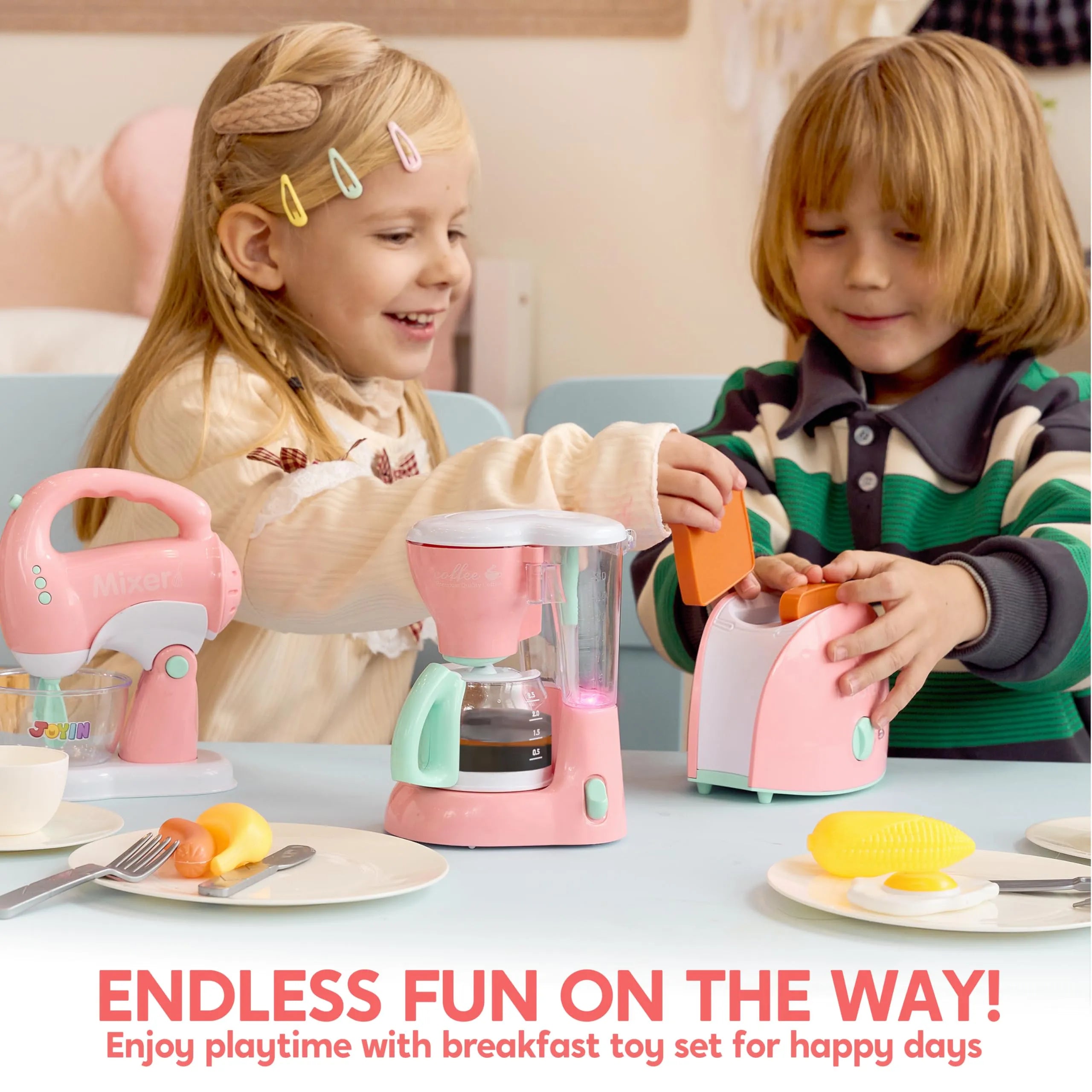 Pink Pretend Play Kitchen Appliances Toy Set with Coffee Maker, Mixer, and Toaster