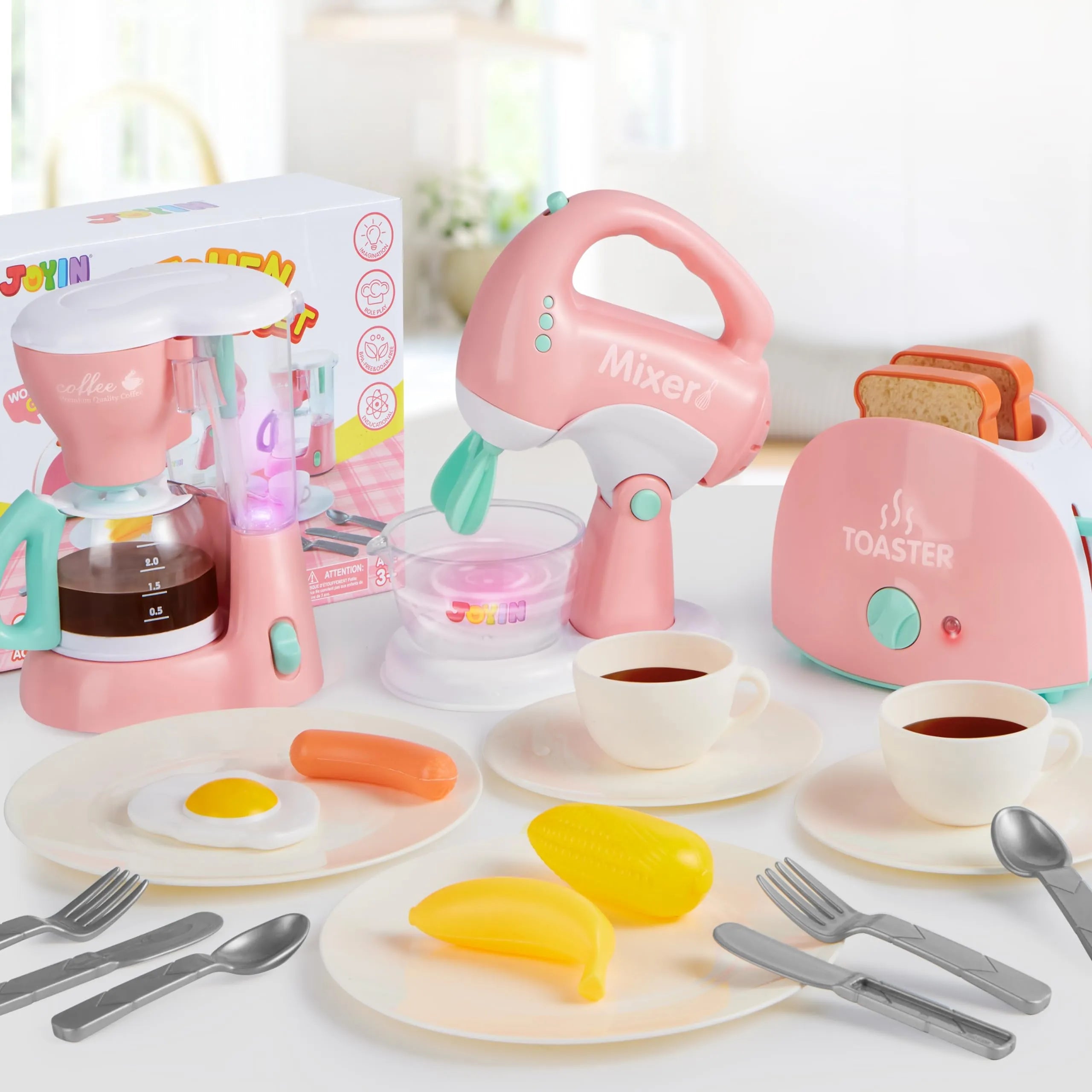 Pink Pretend Play Kitchen Appliances Toy Set with Coffee Maker, Mixer, and Toaster