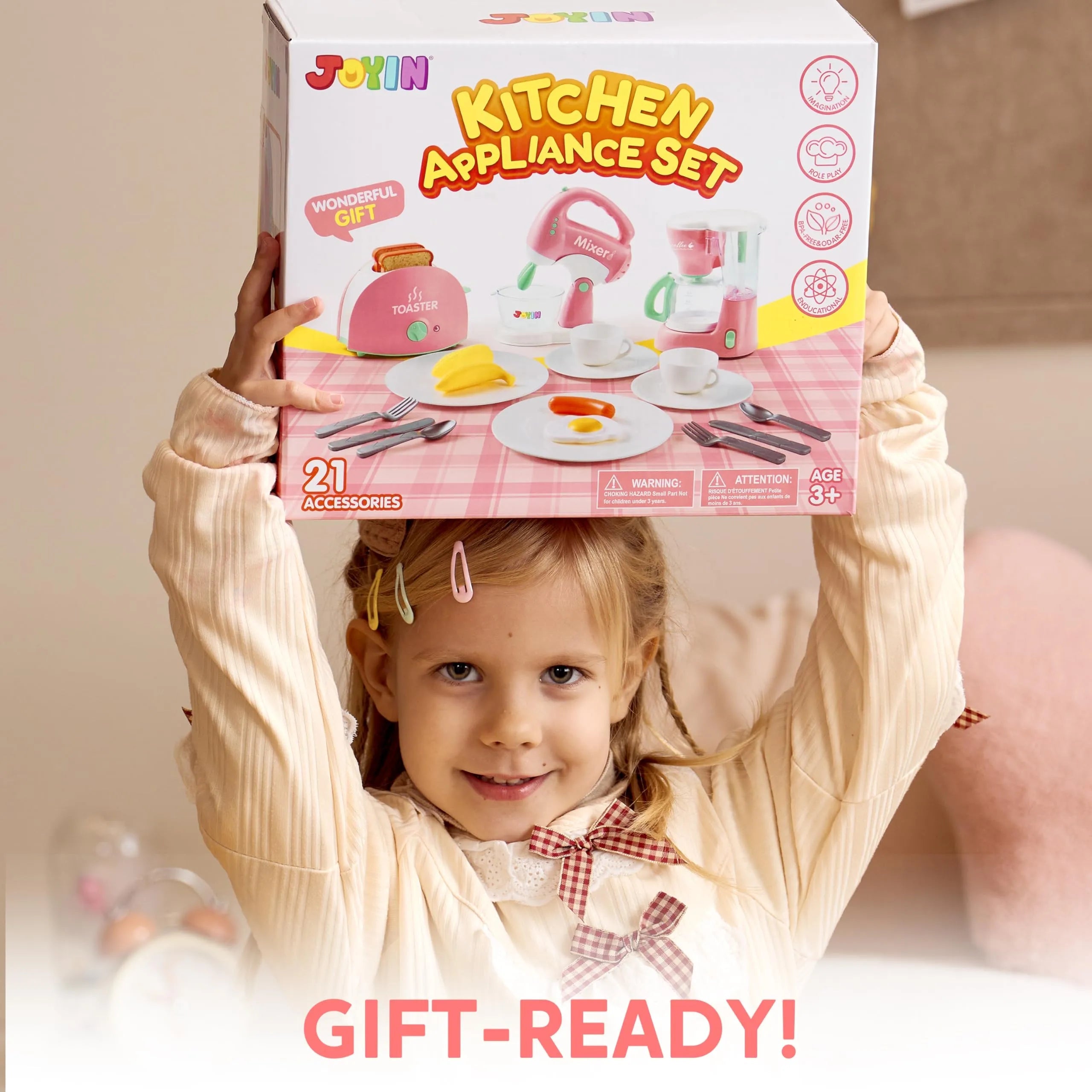 Pink Pretend Play Kitchen Appliances Toy Set with Coffee Maker, Mixer, and Toaster