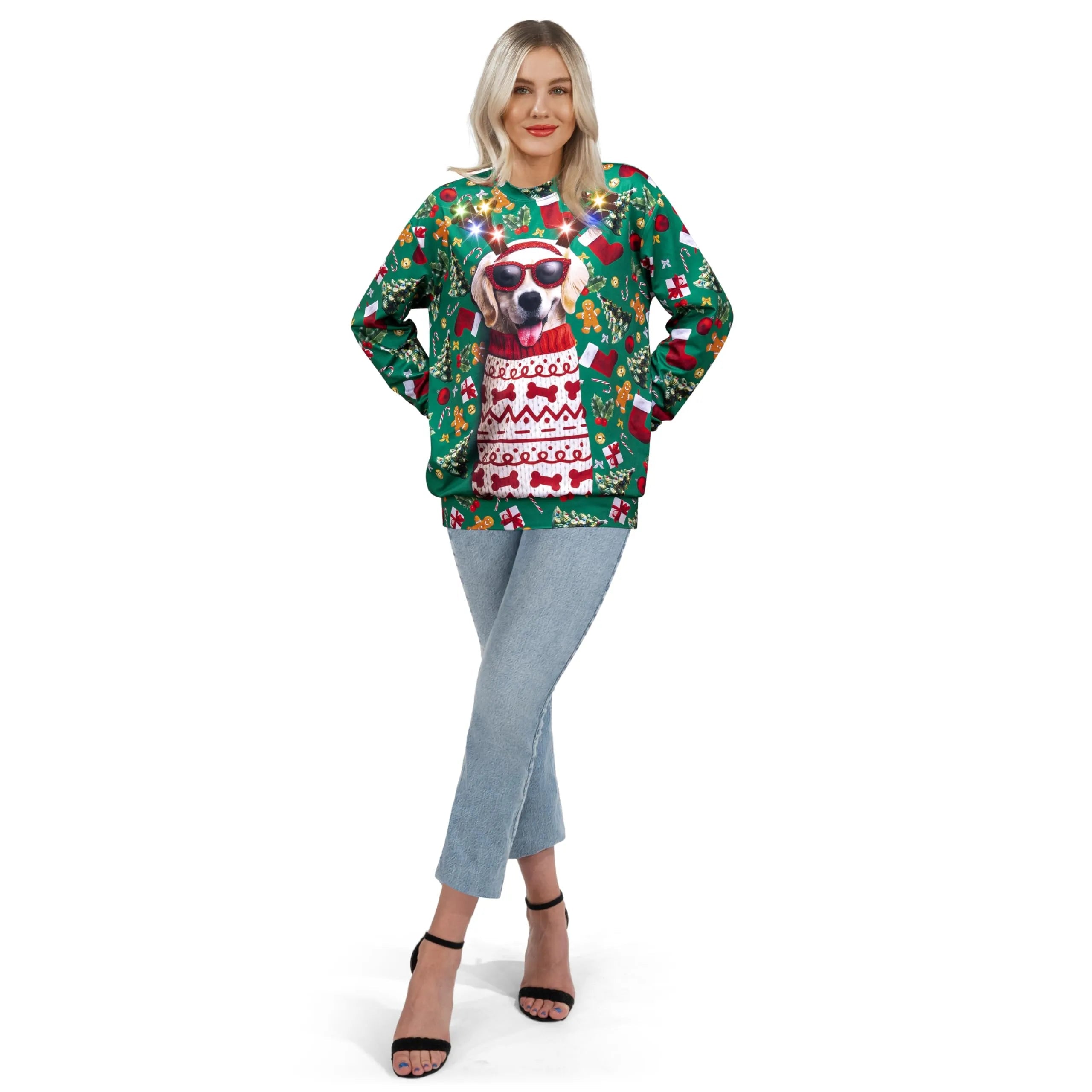 Unisex LED Light Up Reindeer Puppy Christmas Sweatshirt