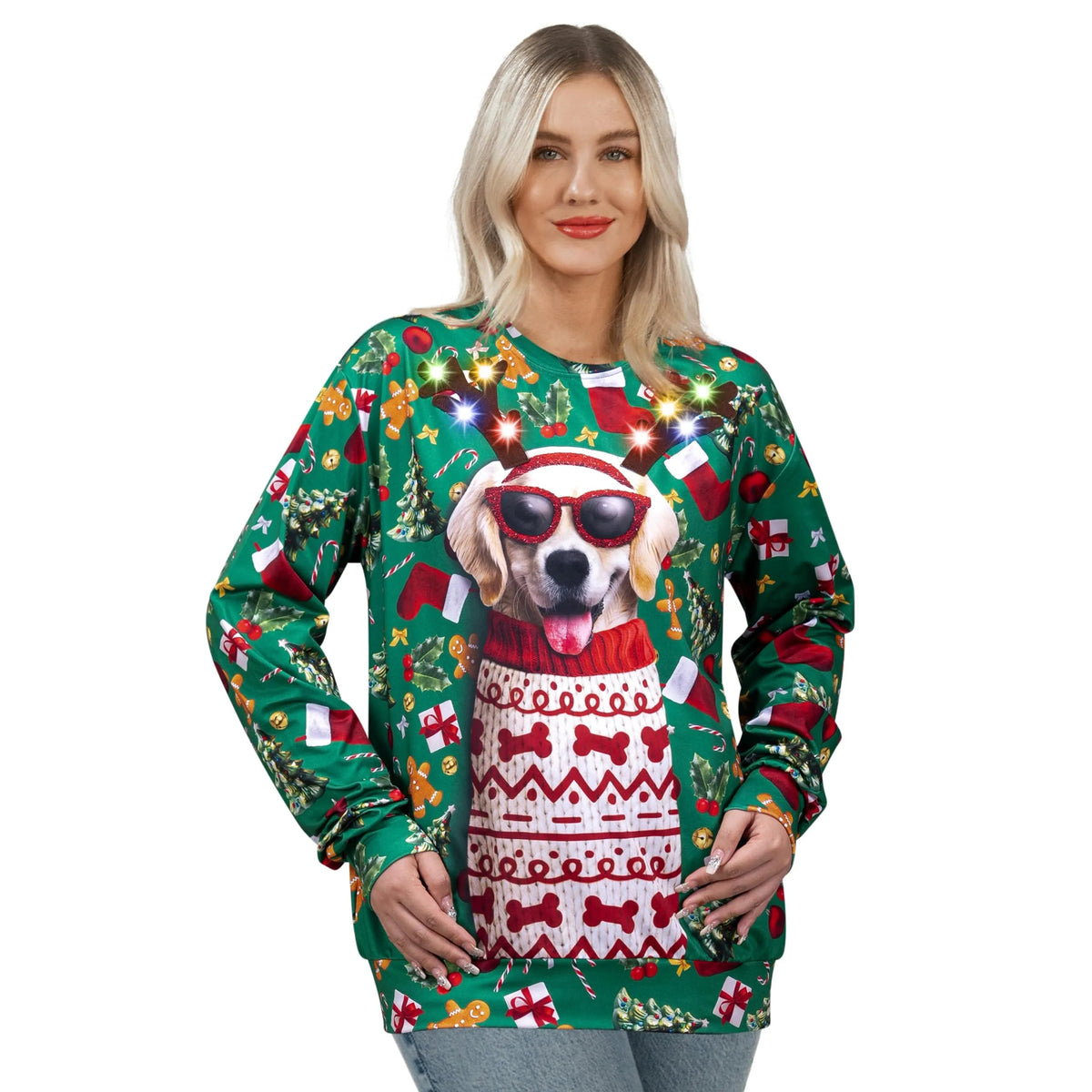 Unisex LED Light Up Reindeer Puppy Christmas Sweatshirt