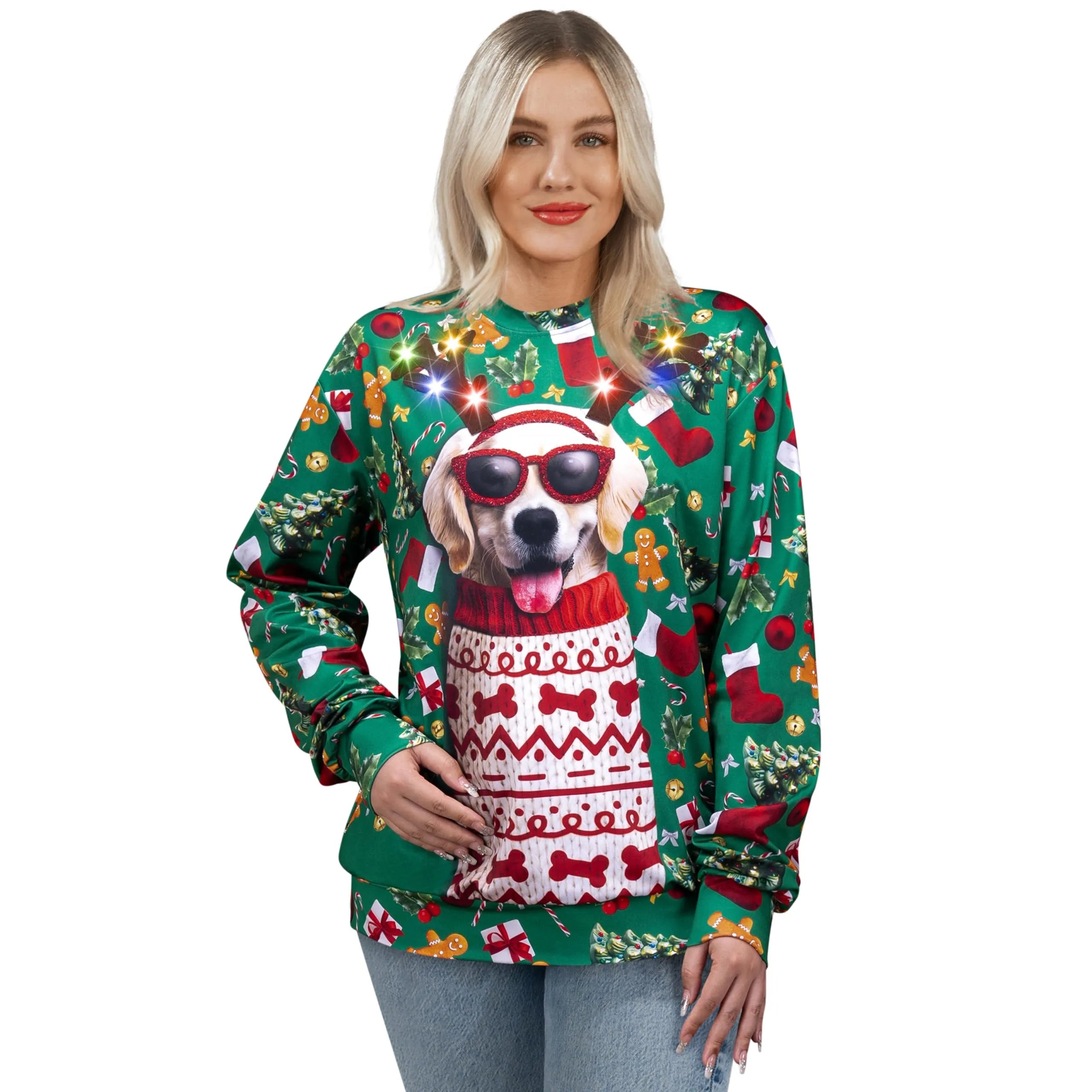 Unisex LED Light Up Reindeer Puppy Christmas Sweatshirt