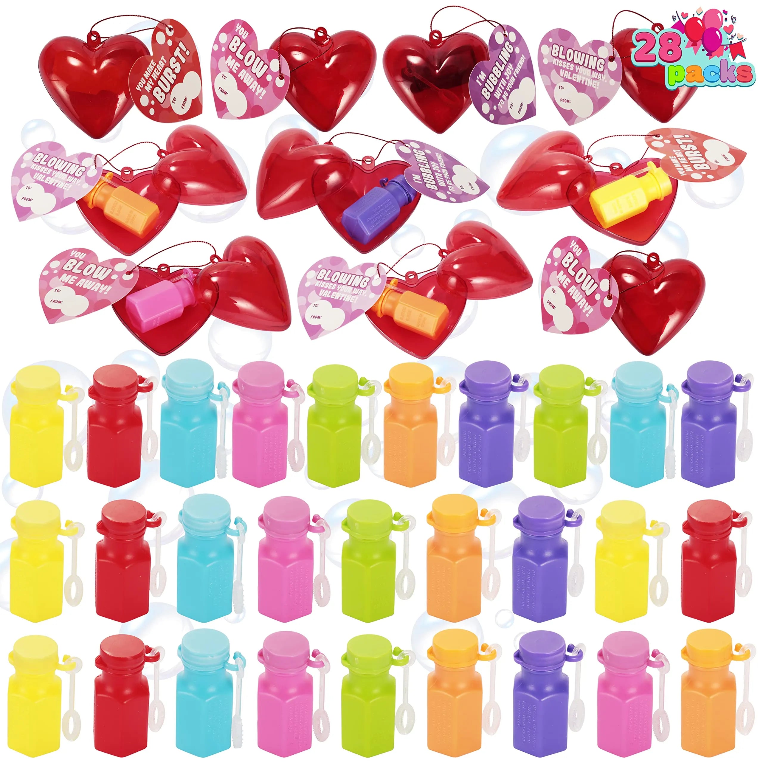 28-Pack Mini Heart Bubble Wands with Valentine's Day Cards for Kids Classroom Exchange Gifts