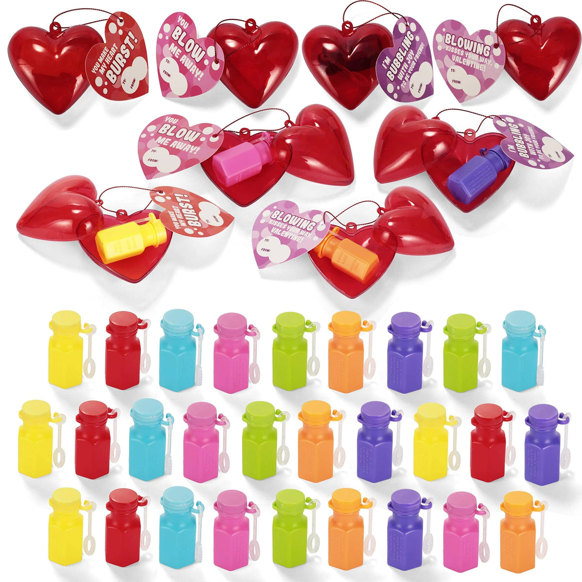 28-Pack Mini Heart Bubble Wands with Valentine's Day Cards for Kids Classroom Exchange Gifts