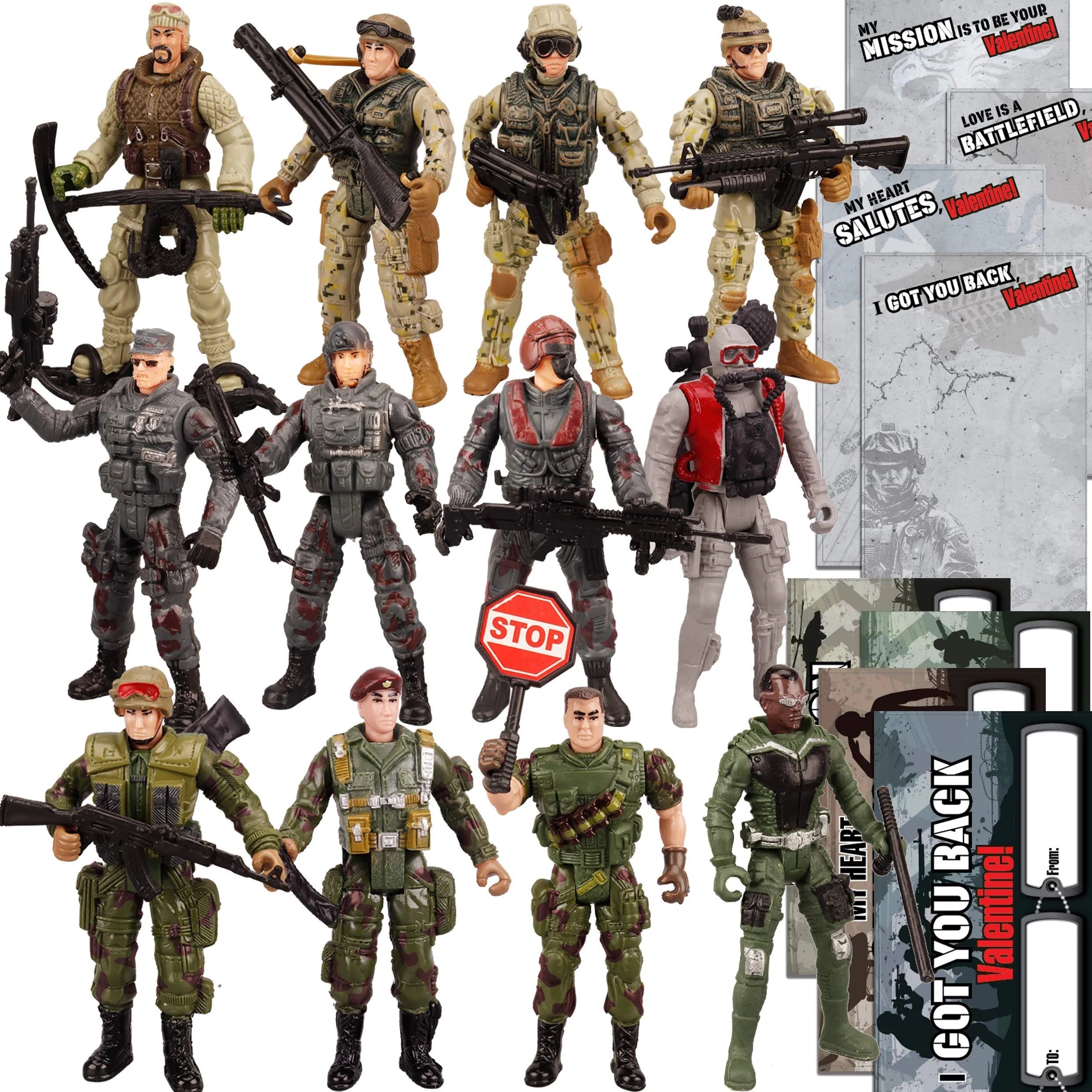 12Pcs Kids Valentine's Cards with Military Action Figure Toys - Classroom Exchange Gifts