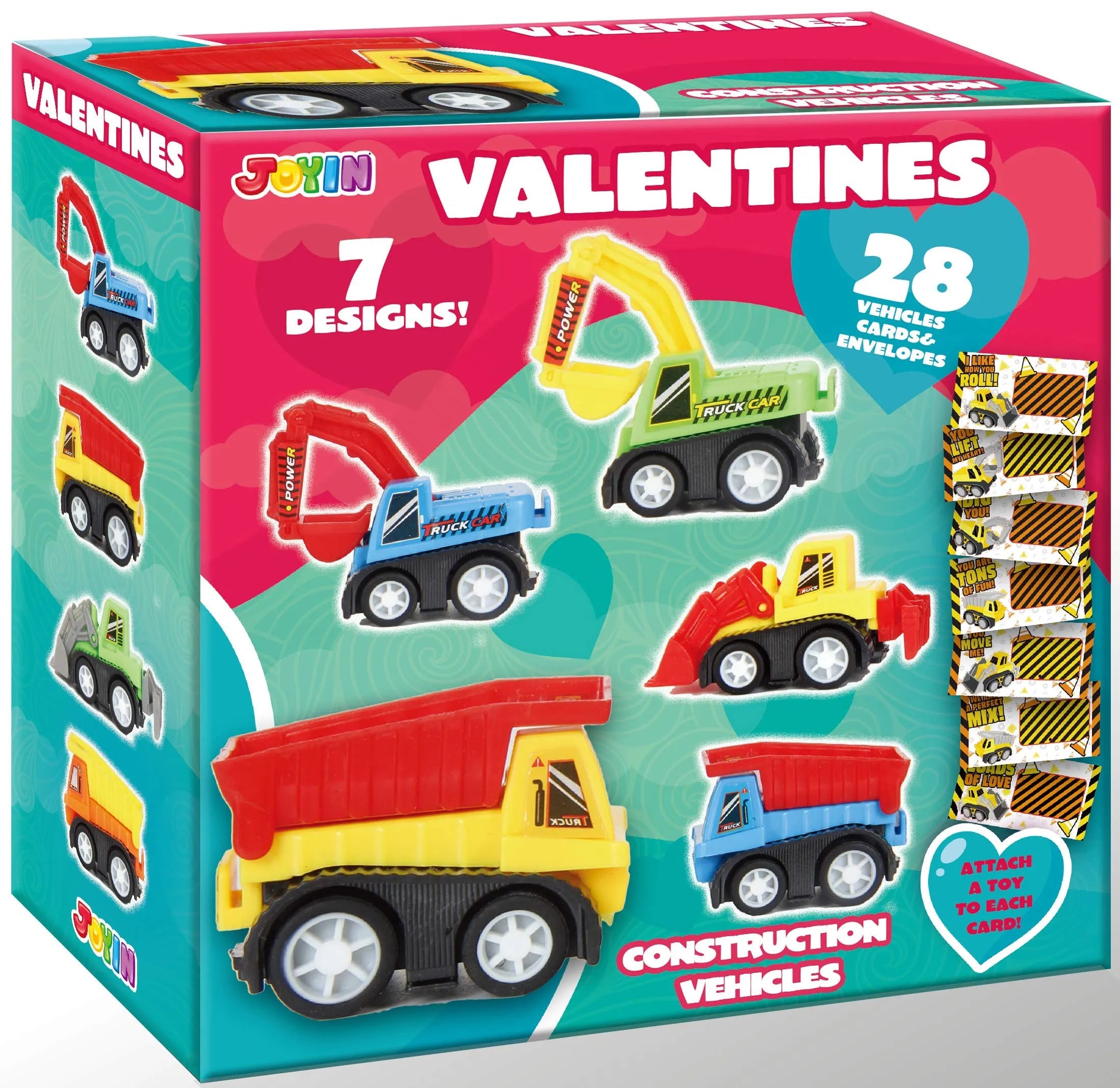 28-Piece Mini Construction Vehicle Toy Set with Valentine's Day Cards for Classroom Exchange