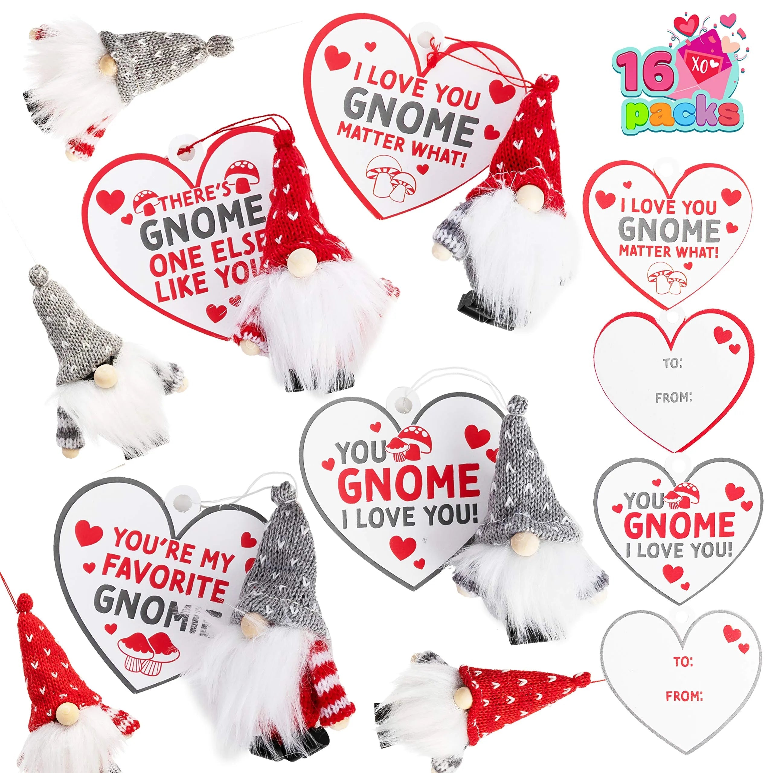 16 Gnome Valentine's Day Cards with Plush Toys for Kids Classroom Exchange