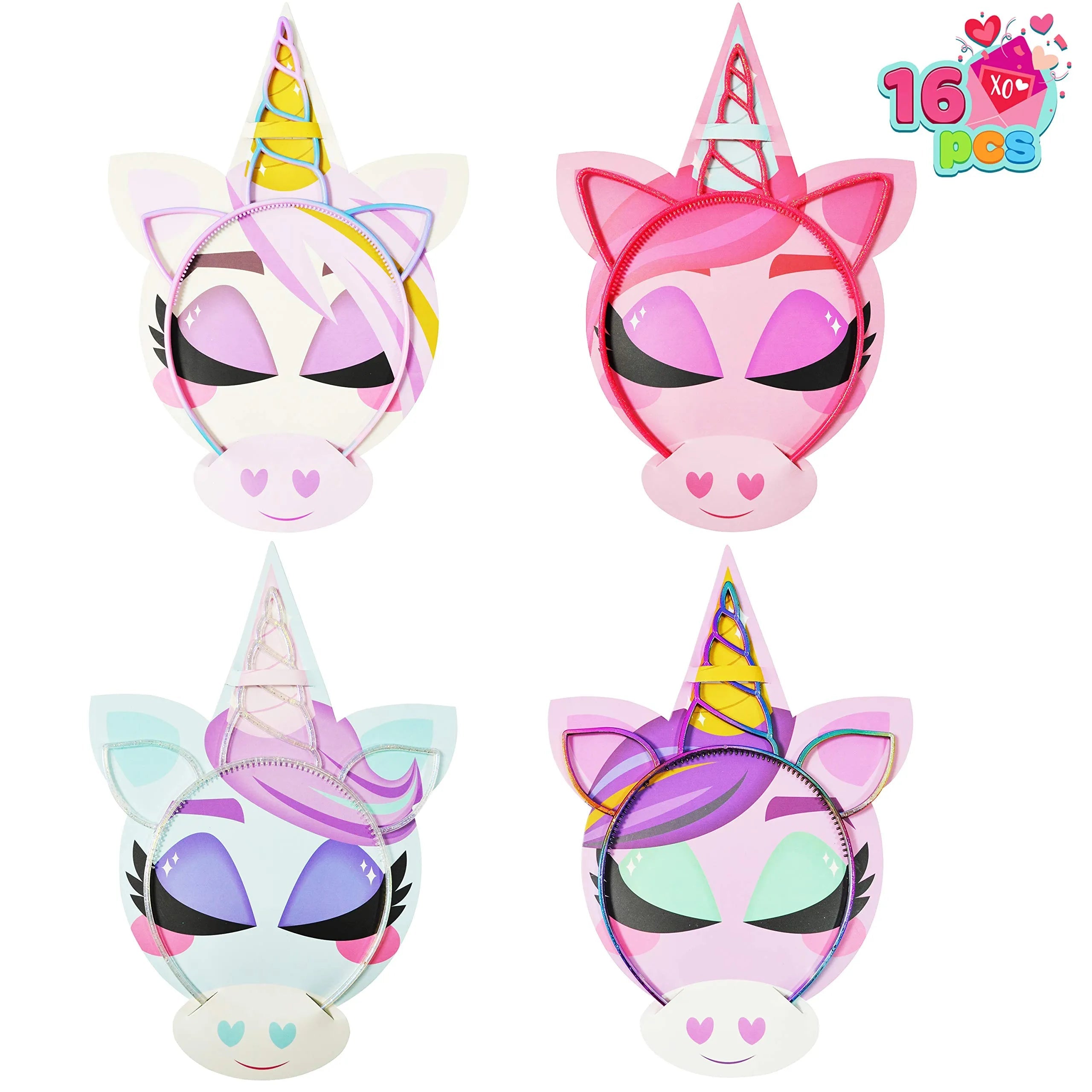 16 Pcs Kids Valentine's Cards with Unicorn Headbands - Classroom Exchange Gifts