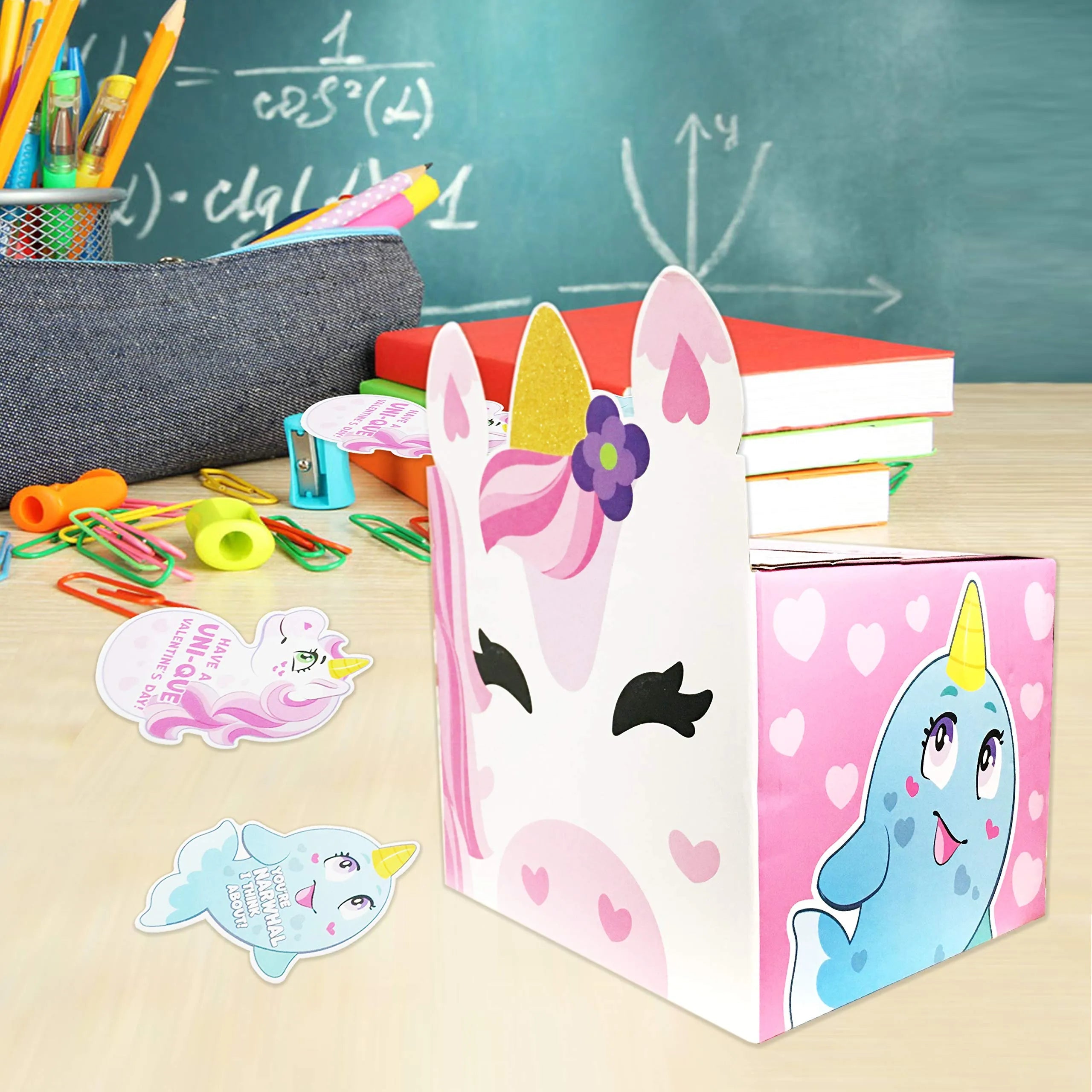 28Pcs Kids Valentine's Day Cards with Unicorn Mailbox - Classroom Exchange Gifts