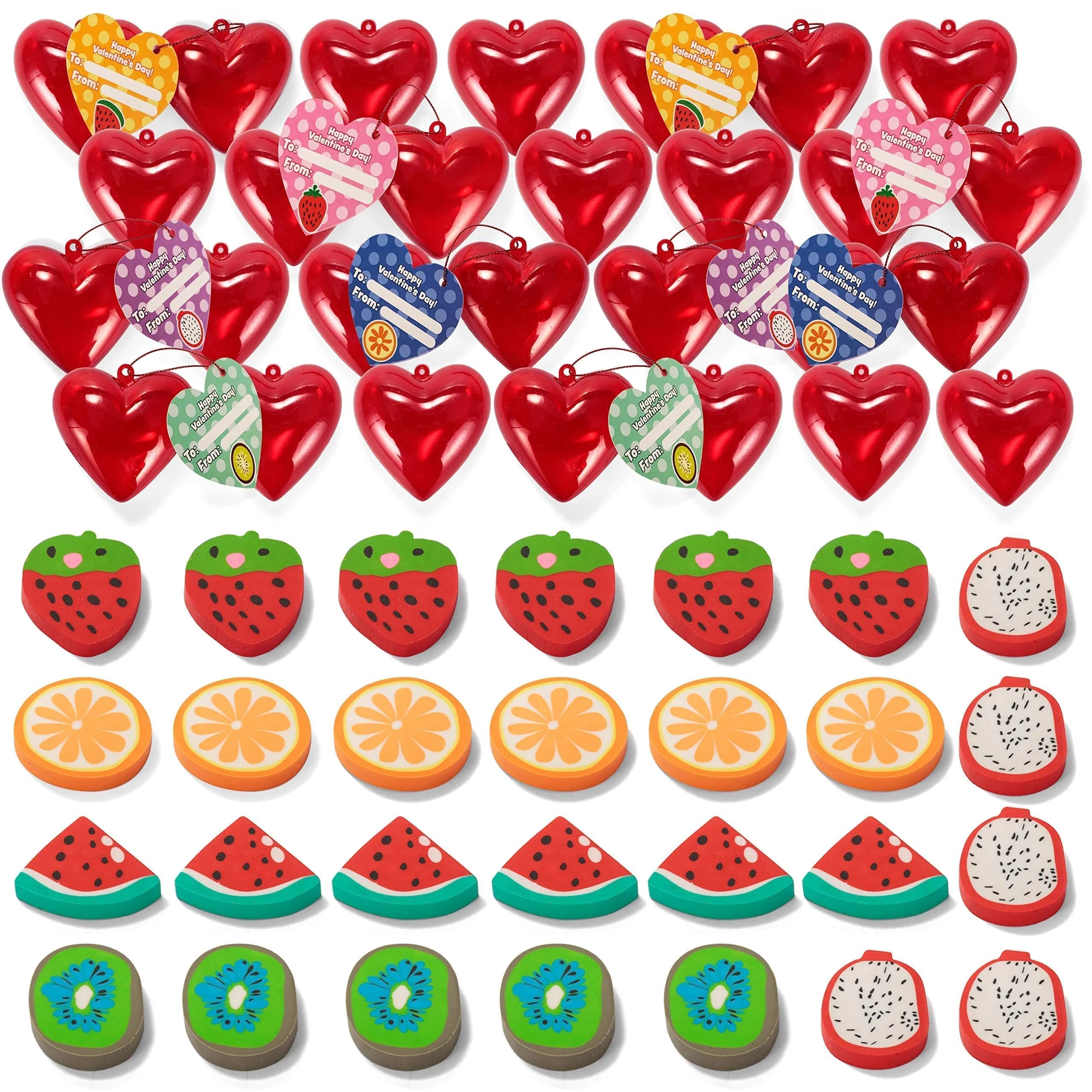 28-Piece Valentine's Fruit Eraser Set with Hearts and Cards for Kids Classroom Exchange Gifts