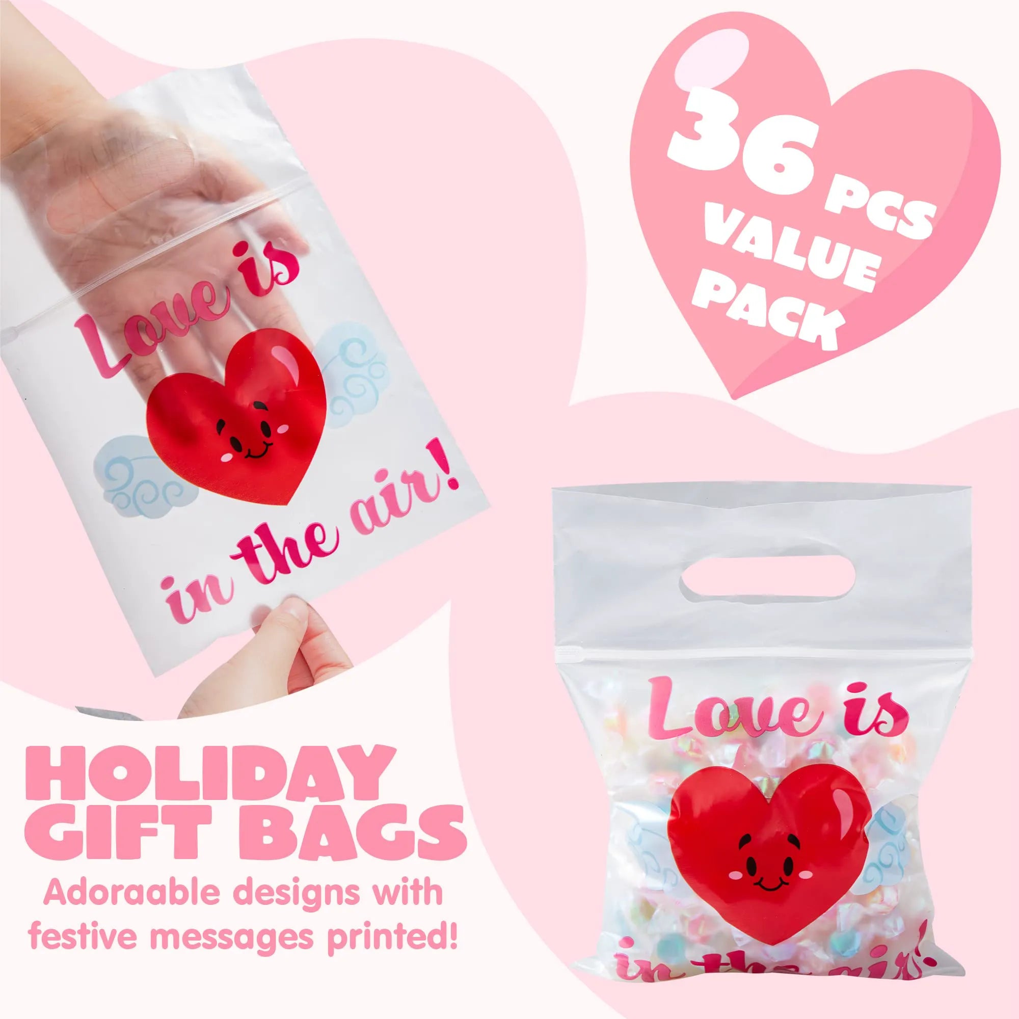 Valentine's Day Cellophane Gift Bags - 36 Pcs with 6 Themed Designs