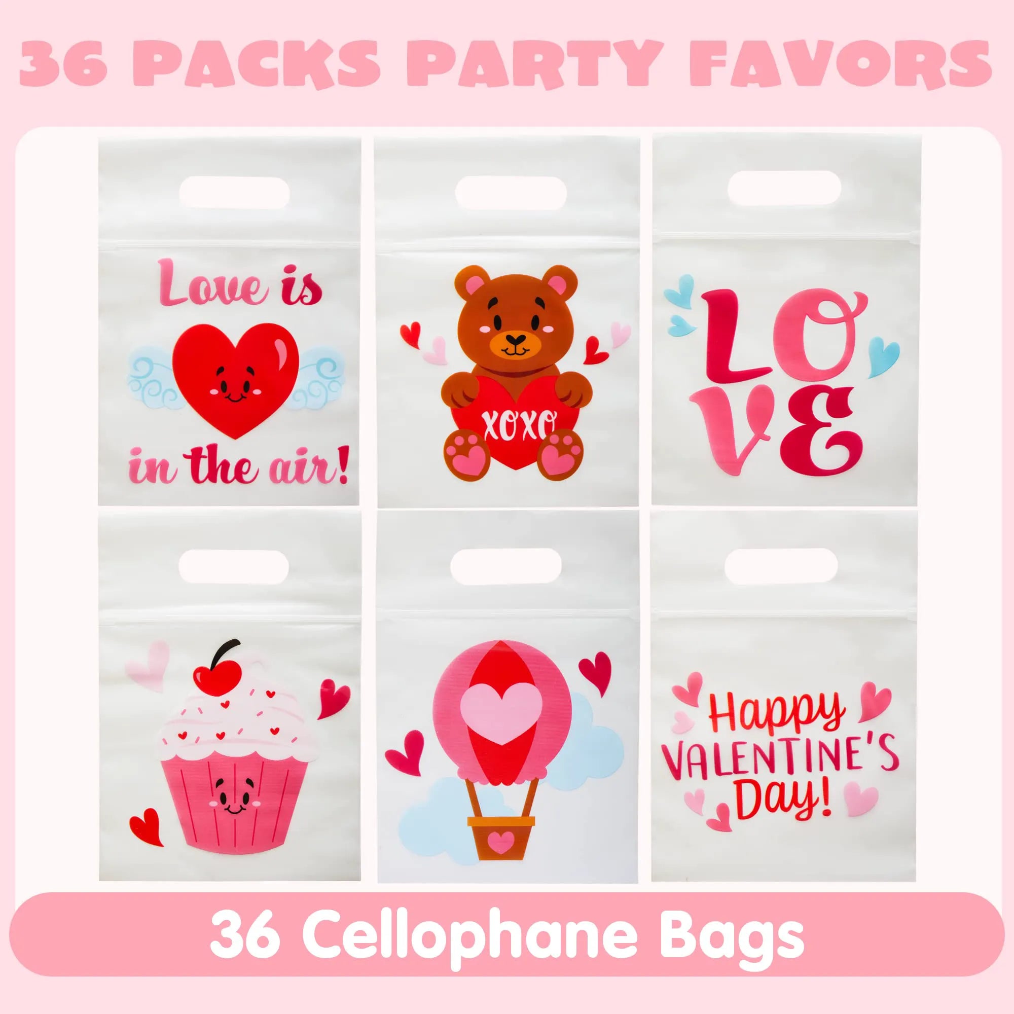Valentine's Day Cellophane Gift Bags - 36 Pcs with 6 Themed Designs