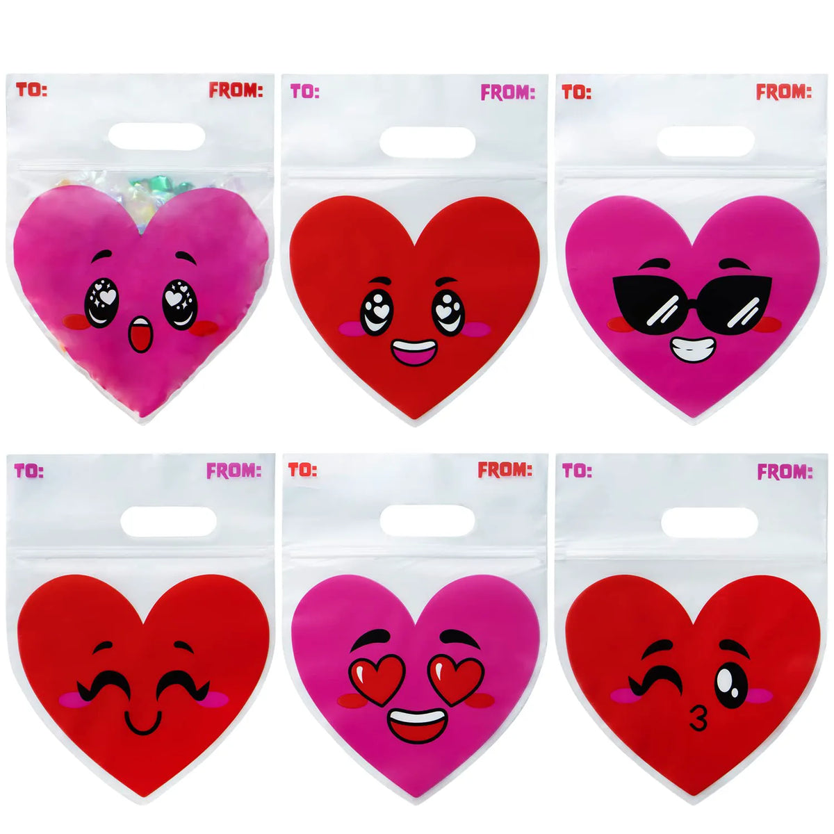 Valentine's Day Cellophane Gift Bags - 48 Pack Red Pink Heart Design, Candy Treat Bags for Kids Party Favors, Classroom Exchange Prizes & Cookie Bags