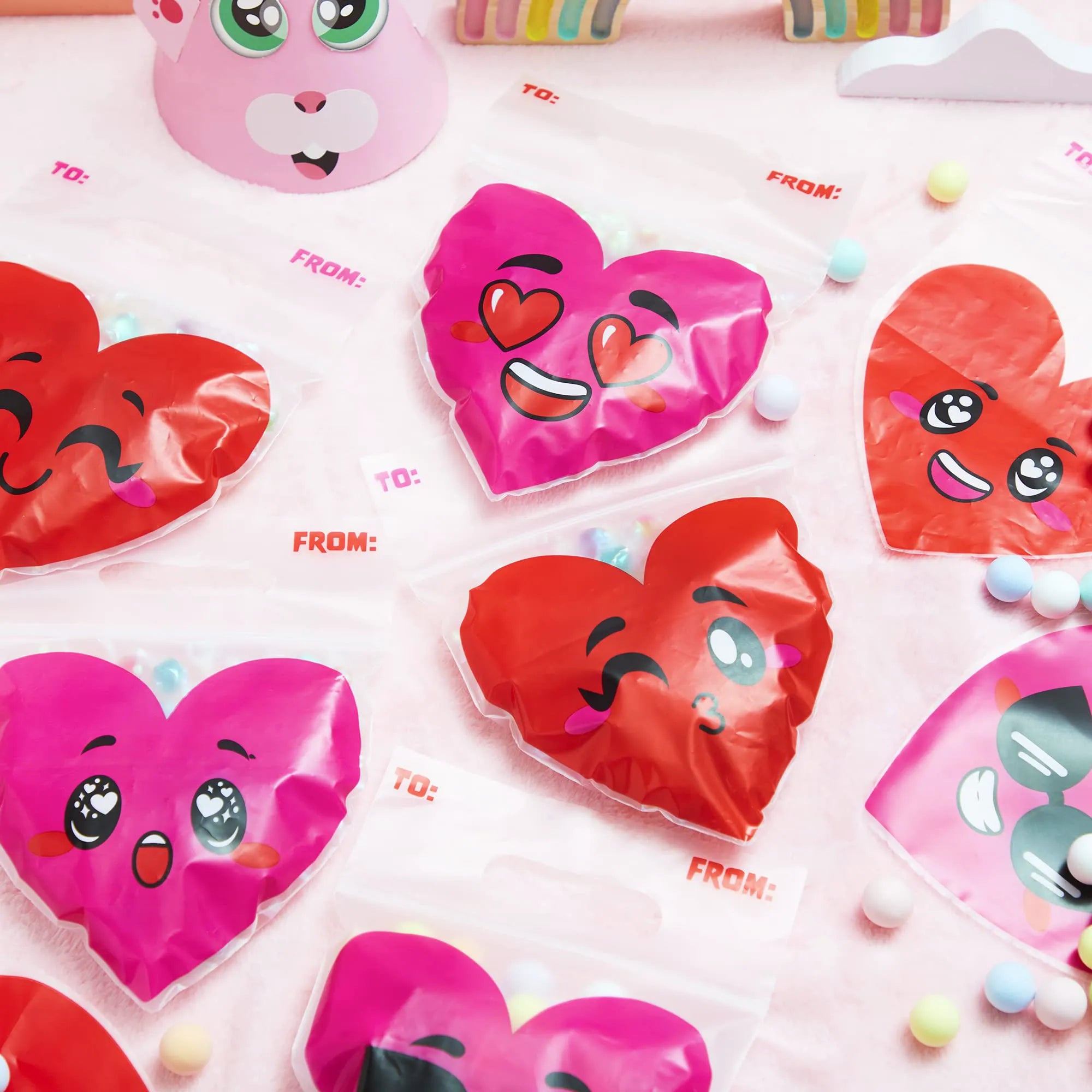Valentine's Day Cellophane Gift Bags - 48 Pack Red Pink Heart Design, Candy Treat Bags for Kids Party Favors, Classroom Exchange Prizes & Cookie Bags