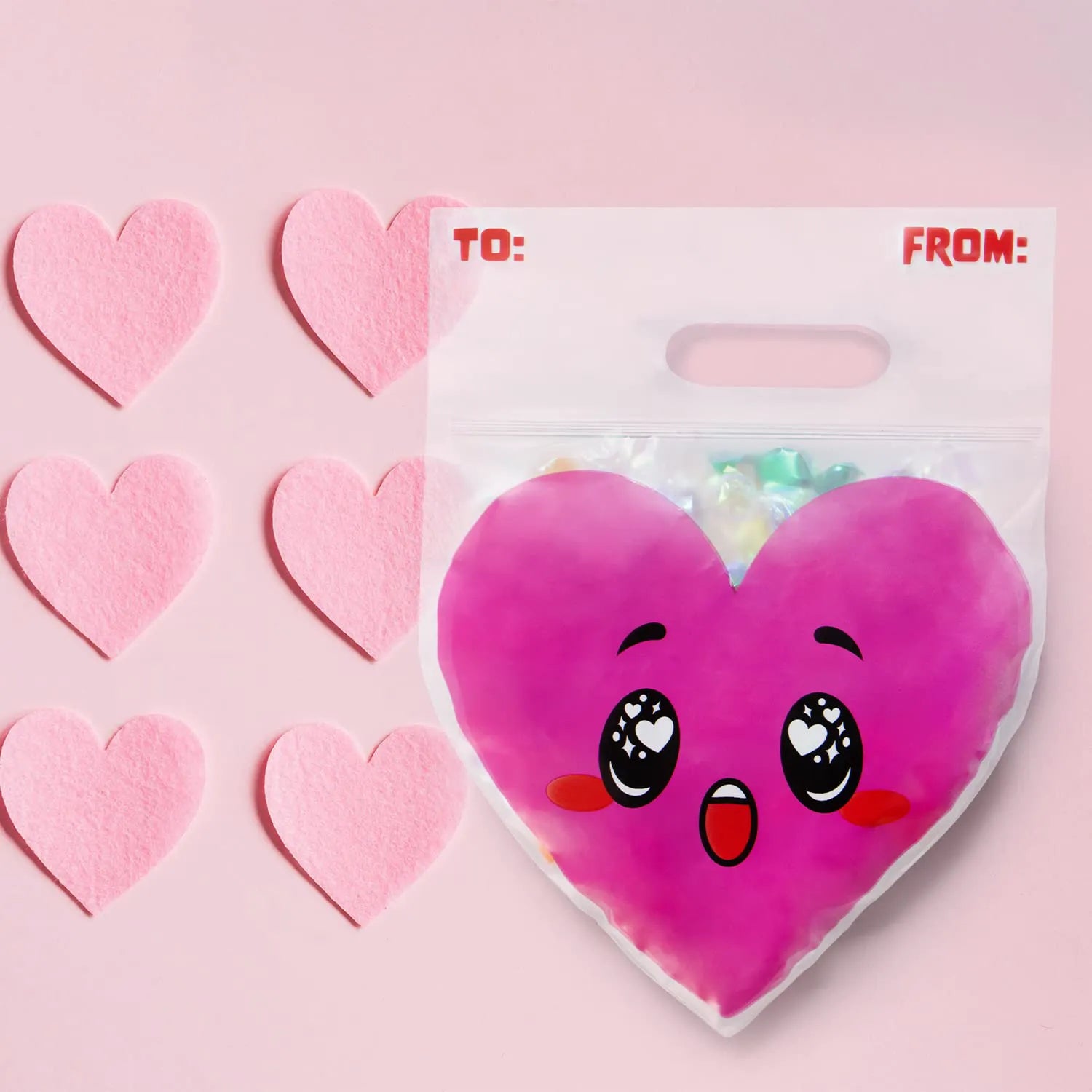 Valentine's Day Cellophane Gift Bags - 48 Pack Red Pink Heart Design, Candy Treat Bags for Kids Party Favors, Classroom Exchange Prizes & Cookie Bags